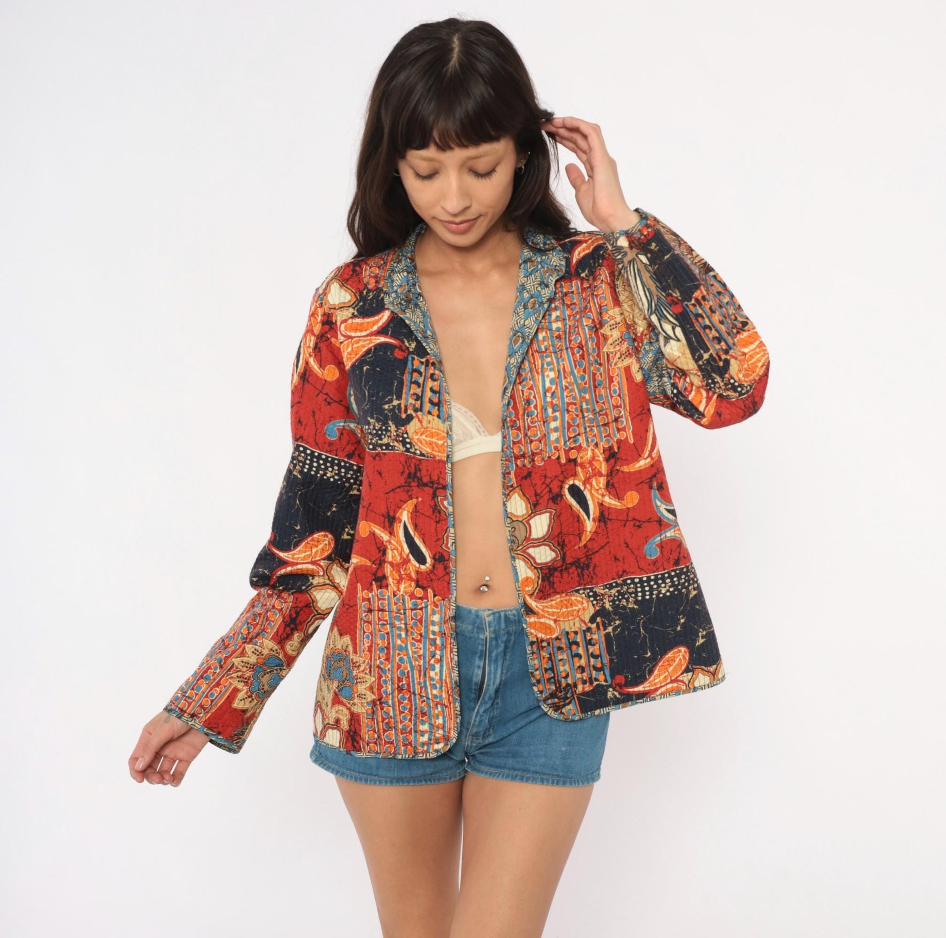 2000s Alfred Dunner Batik Patchwork Quilted Blazer Navy Red Orange Small