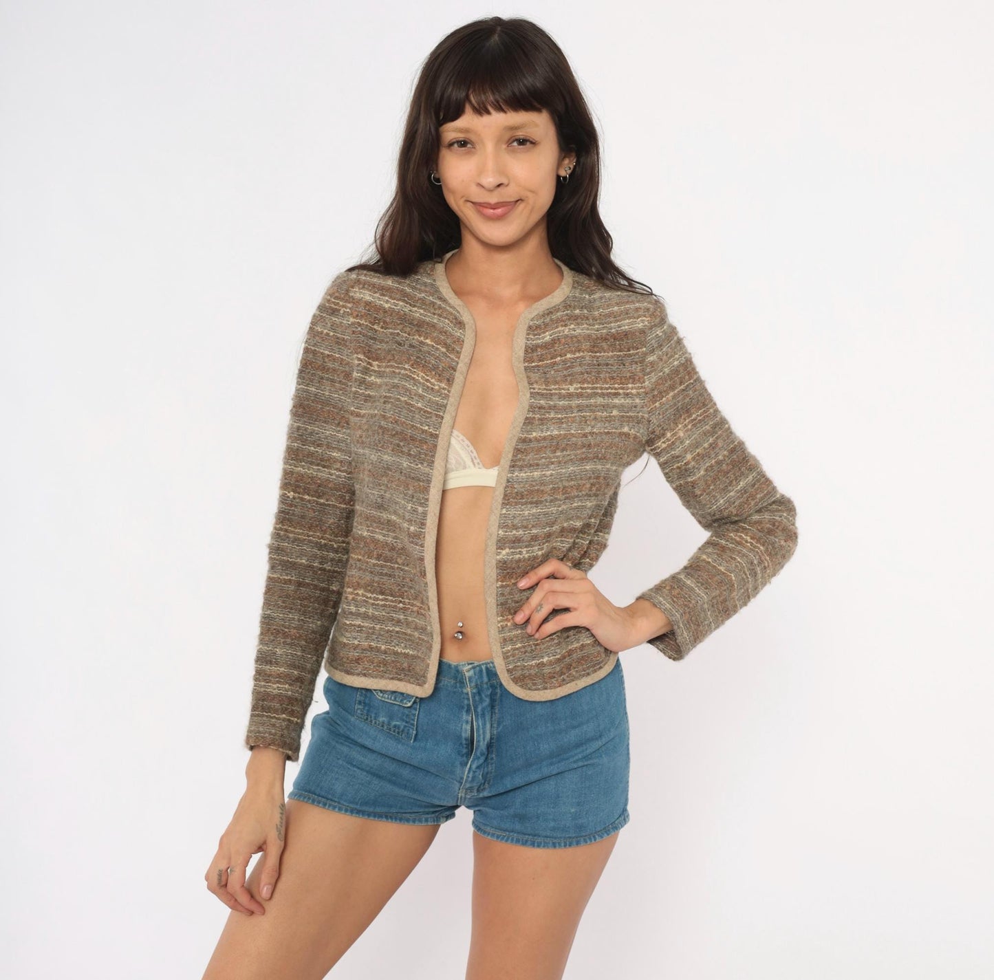 90s DW3 Bouclé Cardigan Tan Brown Cream Striped Wool Blend Cropped Small