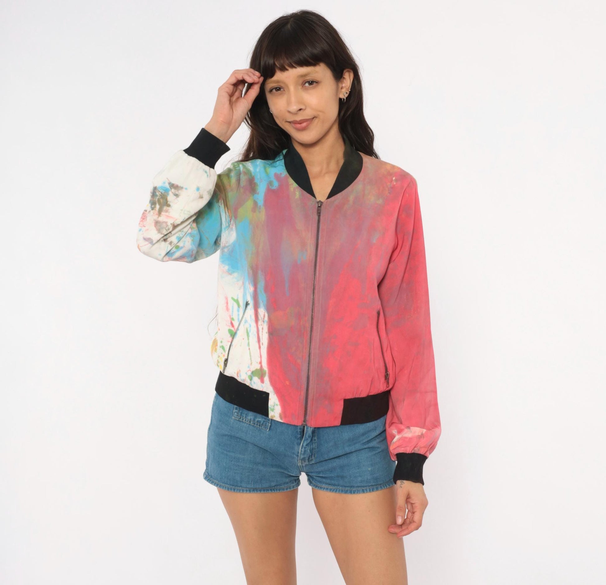 2000s Mural Paint Splatter Bomber Jacket Multicolor Abstract Zip Front Medium