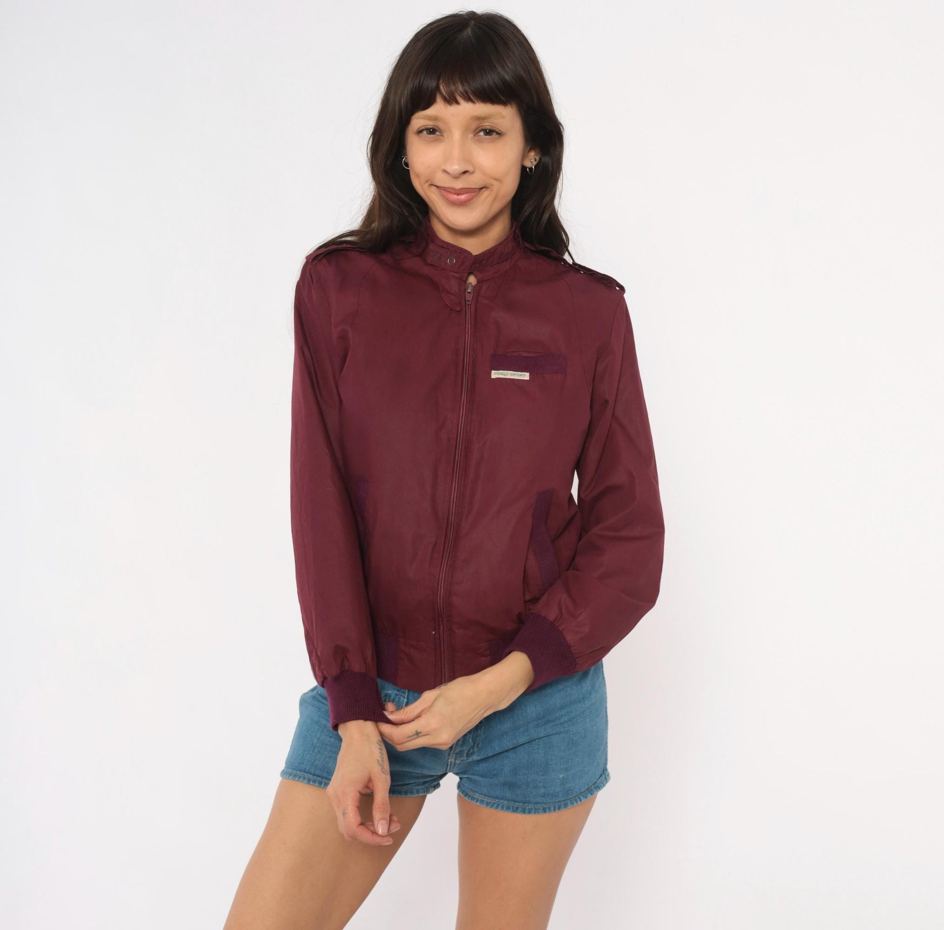 80s Coqui Sport Burgundy Bomber Jacket Ribbed Knit Epaulette Extra Small XS