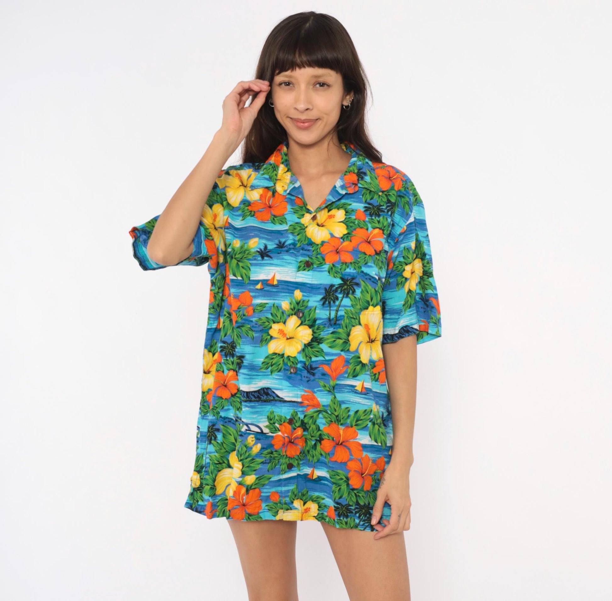 2000s Squish Wear Hawaiian Camp Collar Shirt Tropical Hibiscus Cotton Large L