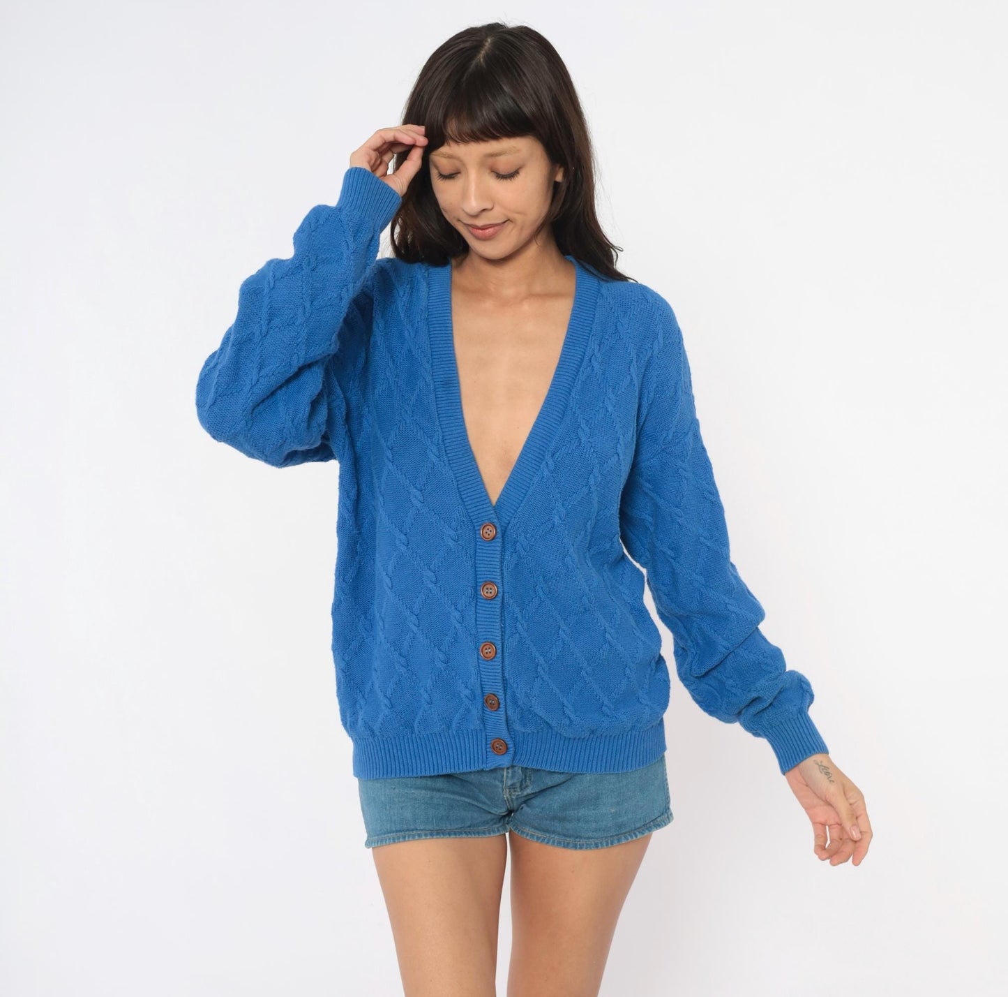 80s Pendleton Cable Knit Cardigan Blue Cotton V Neck Wooden Buttons Medium M