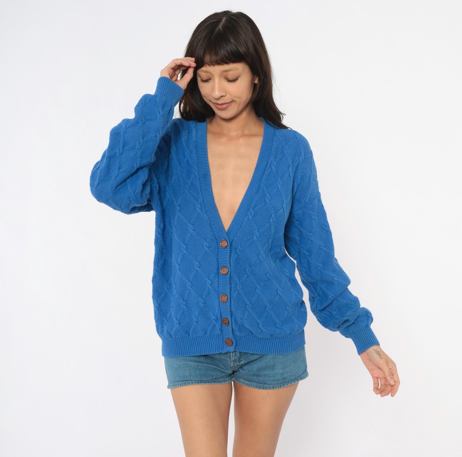 80s Pendleton Cable Knit Cardigan Blue Cotton V Neck Wooden Buttons Medium M