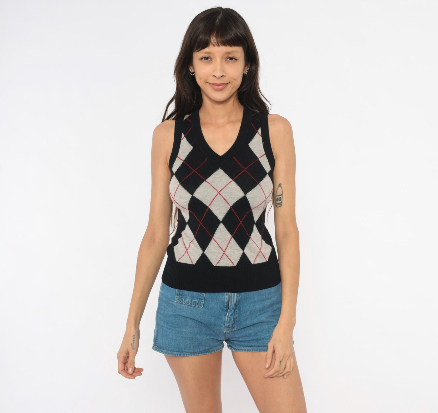 2000s Express Argyle Sweater Vest V-Neck Black Grey Red Diamond Knit XS