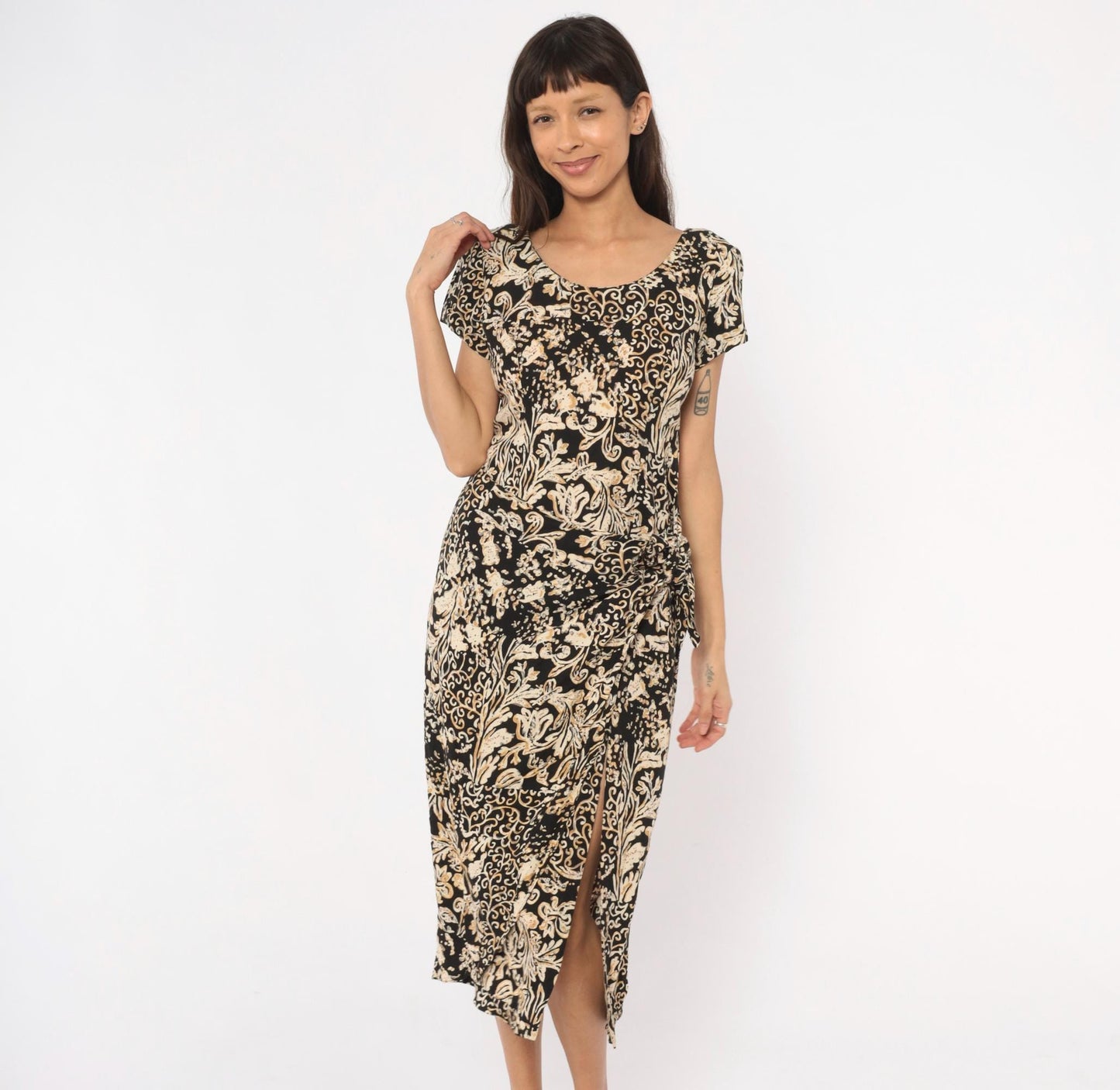 90s Jessica Howard Baroque Scroll Midi Dress Black Cream Floral Small