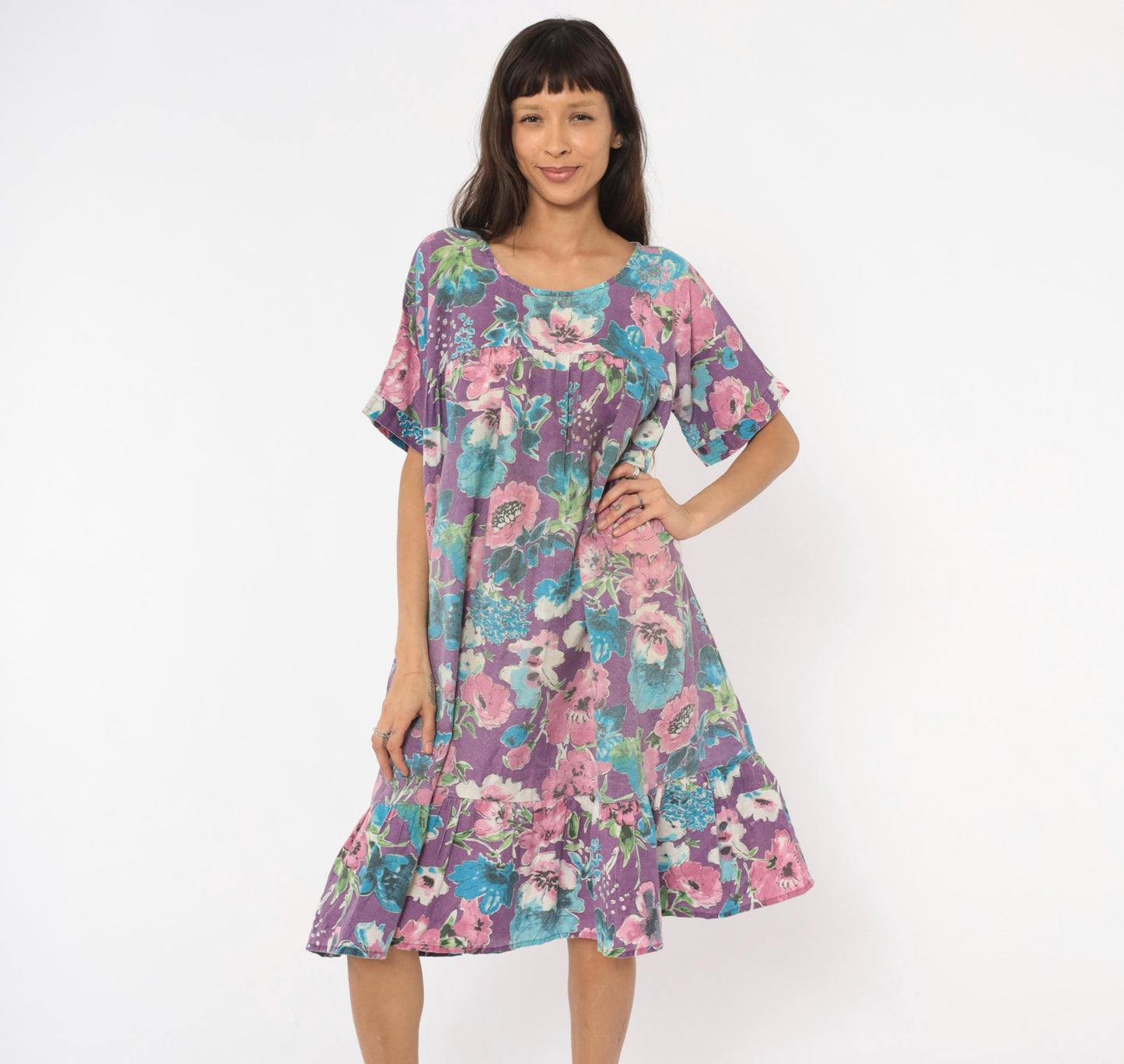 80s CW Classics Floral Watercolor Cotton Dress Purple Pink Blue Knee Length Small