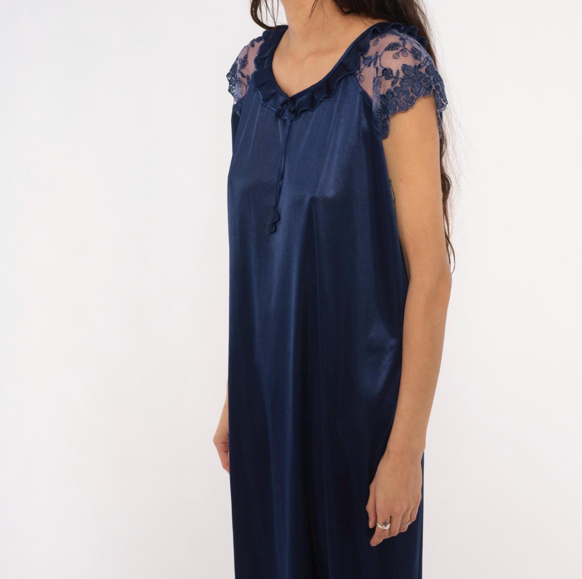 80s Navy Satin Nightgown Lace Cap Sleeve V-Neck Maxi Slip Dress Large