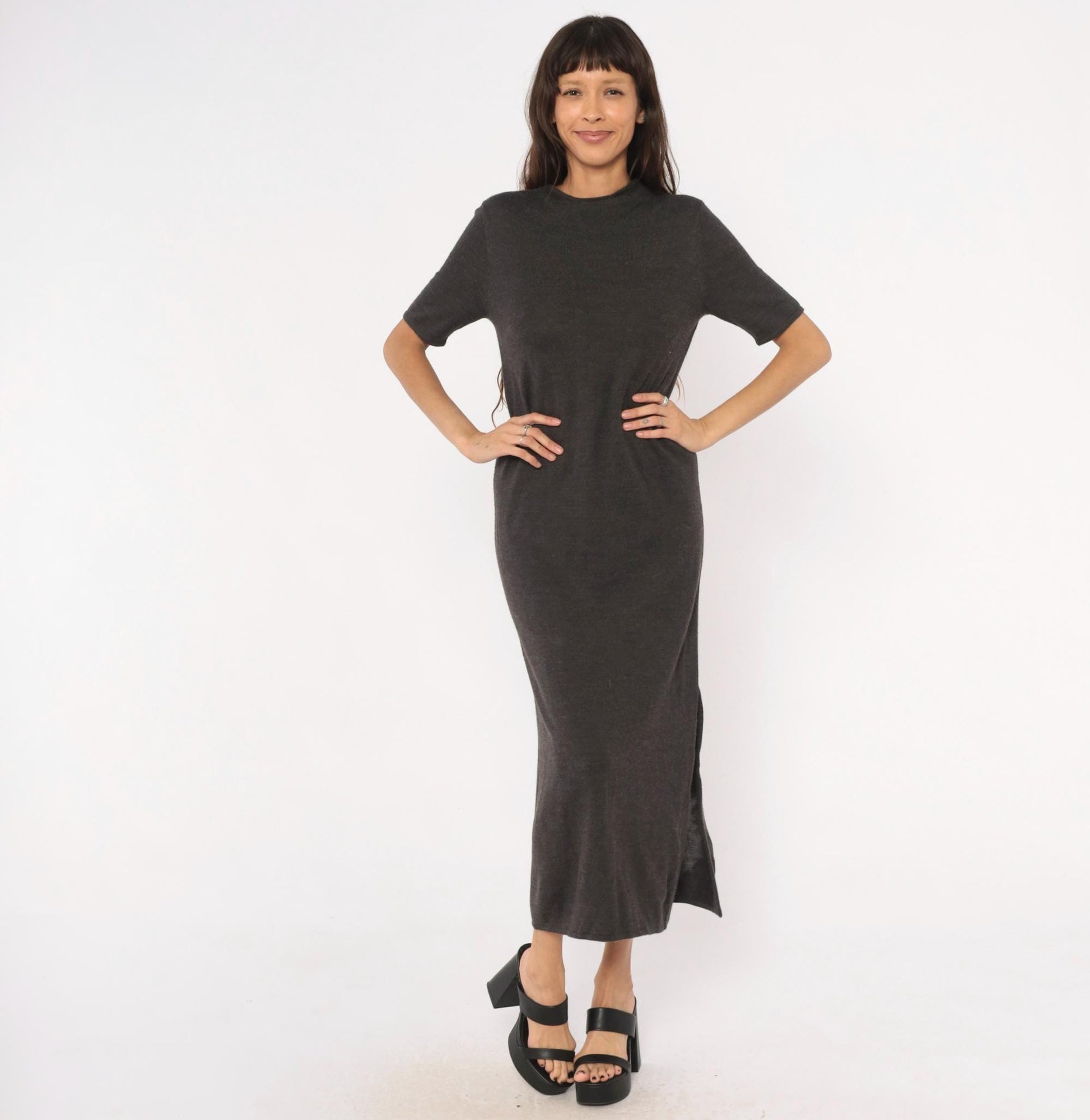 Y2K Nina Leonard Charcoal Knit Maxi Dress Short Sleeve Column Grey Small Petite