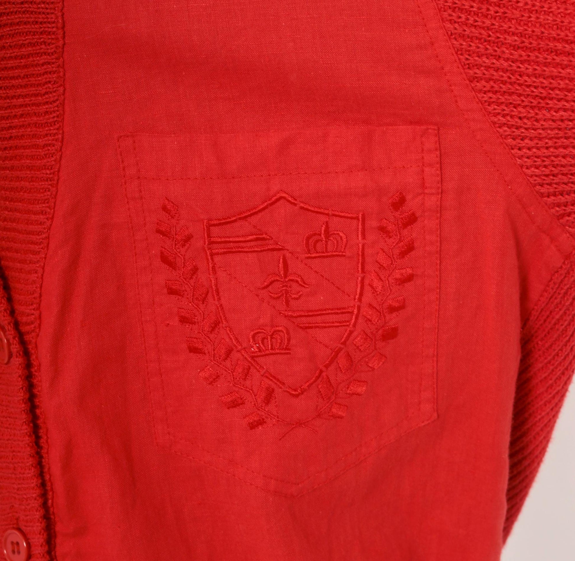90s Shartex Red Cardigan V-Neck Button Front Knit Embroidered Crest Large L