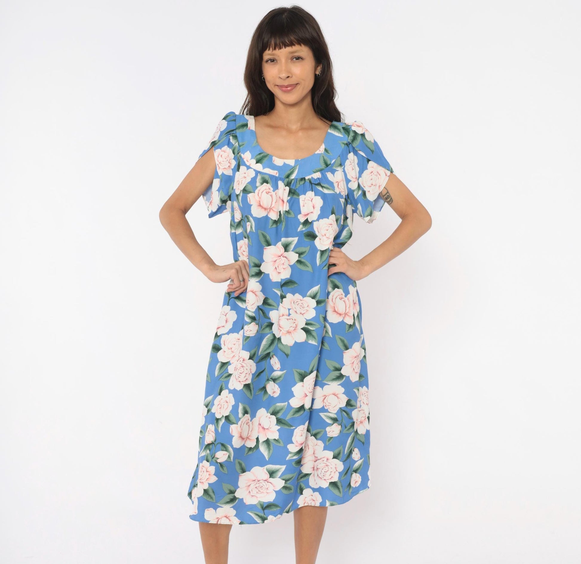 90s Paradise Bay Muumuu Midi Dress Blue Pink Rose Floral Puff Sleeve Large L