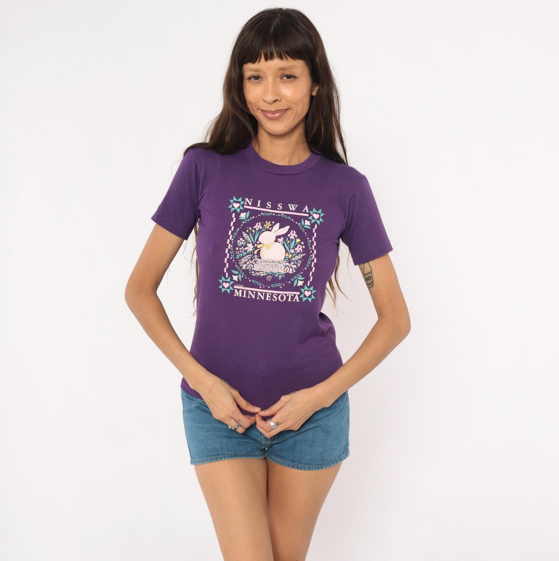 90s Nisswa Minnesota Bunny Graphic Tee Purple Cotton Jerzees Extra Small