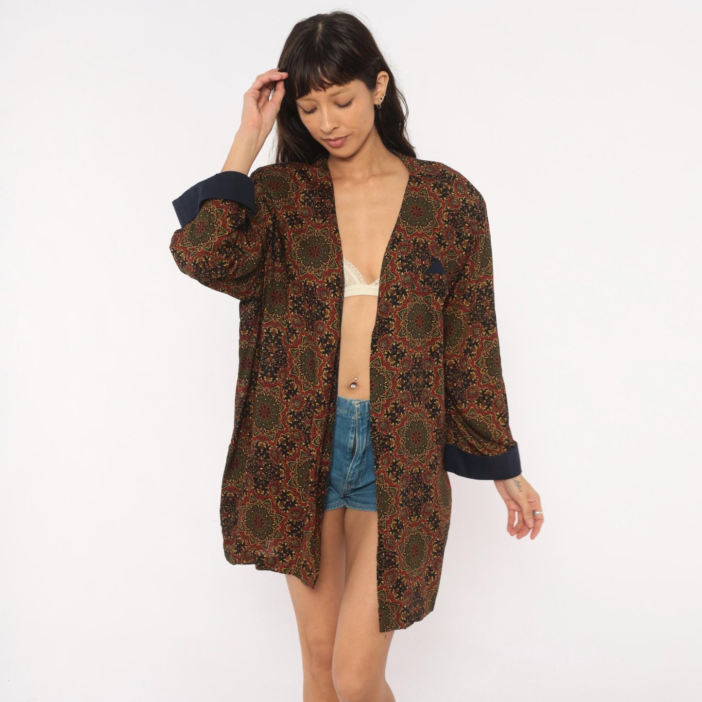 90s Medallion Tapestry Robe Kimono Navy Red Olive Gold Duster Large L