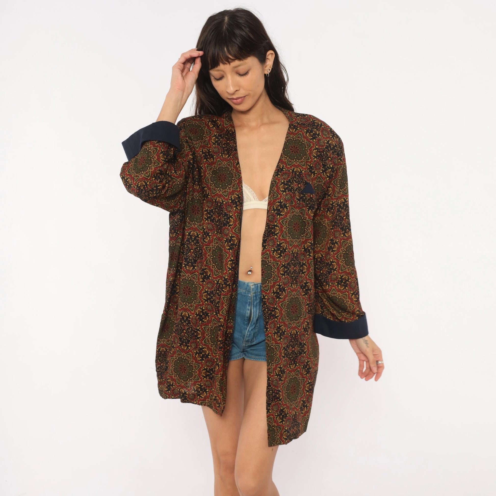 90s Medallion Tapestry Robe Kimono Navy Red Olive Gold Duster Large L
