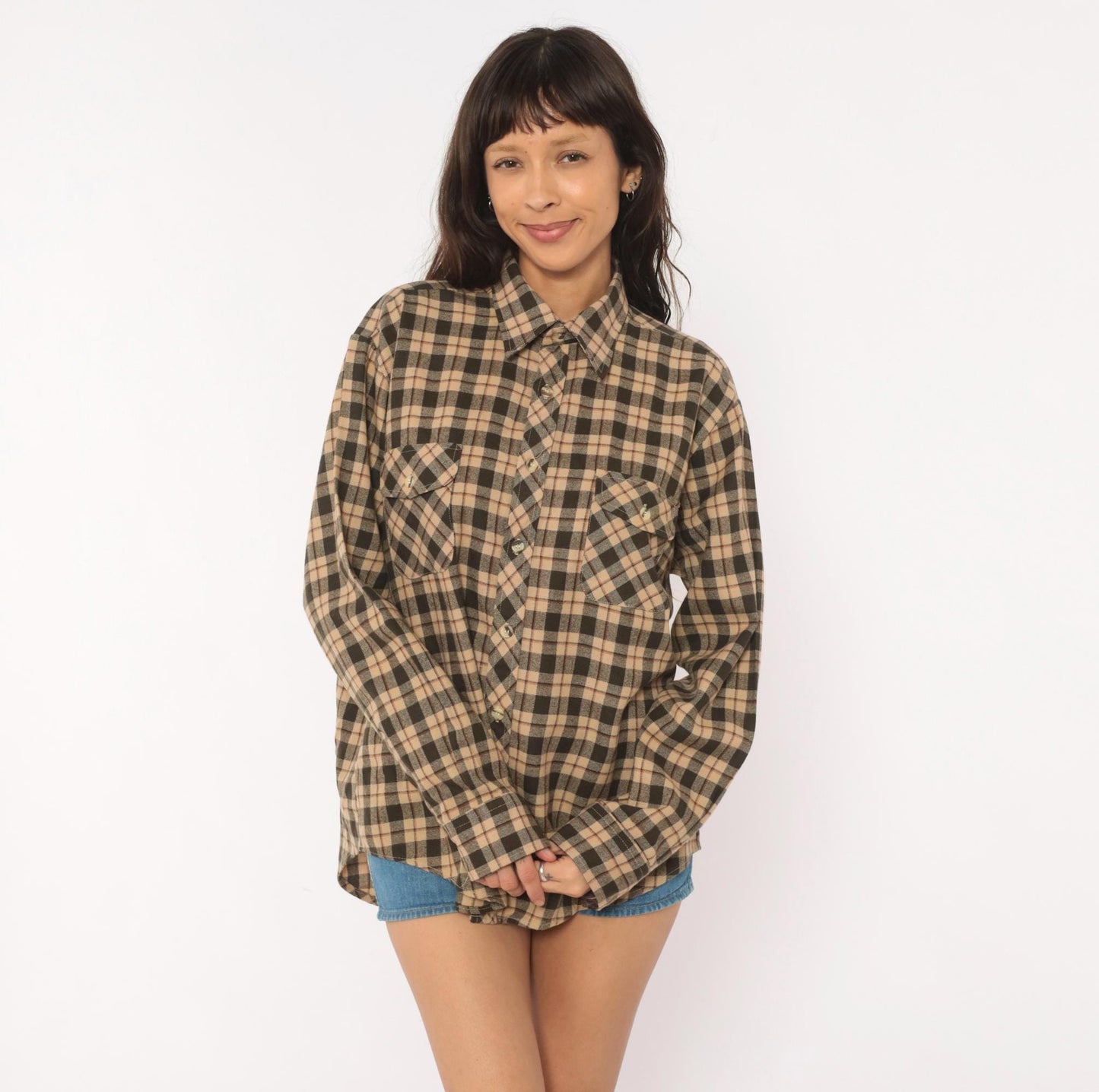 80s High Sierra Plaid Flannel Shirt Tan Brown Check Large L