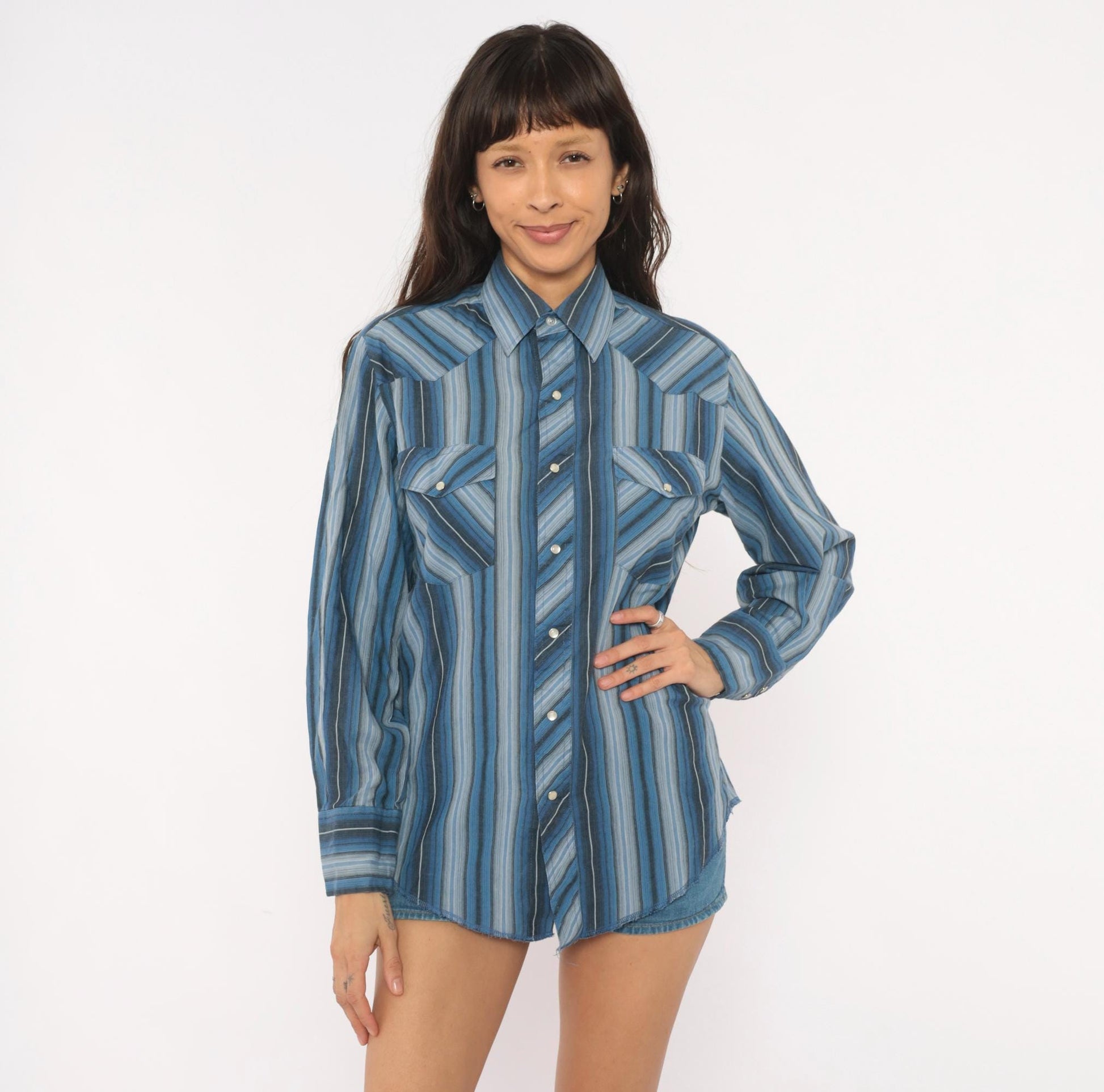 90s Wrangler Western Shirt Blue Striped Pearl Snap Pointed Collar Small S
