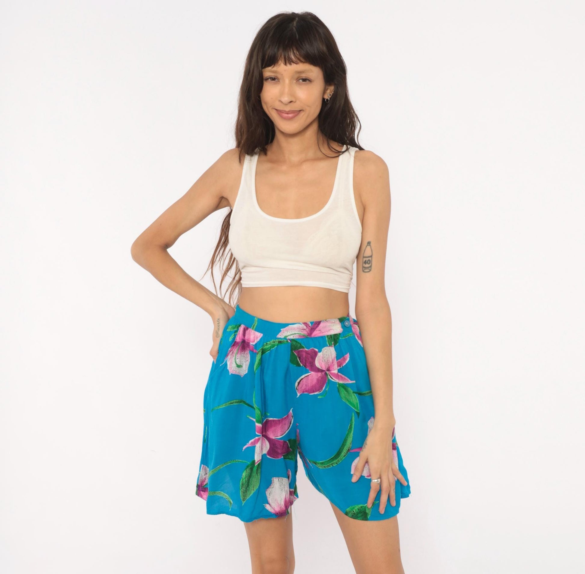 90s Profiles Tropical Floral Shorts Teal Orchid High Waist Wide Leg Small