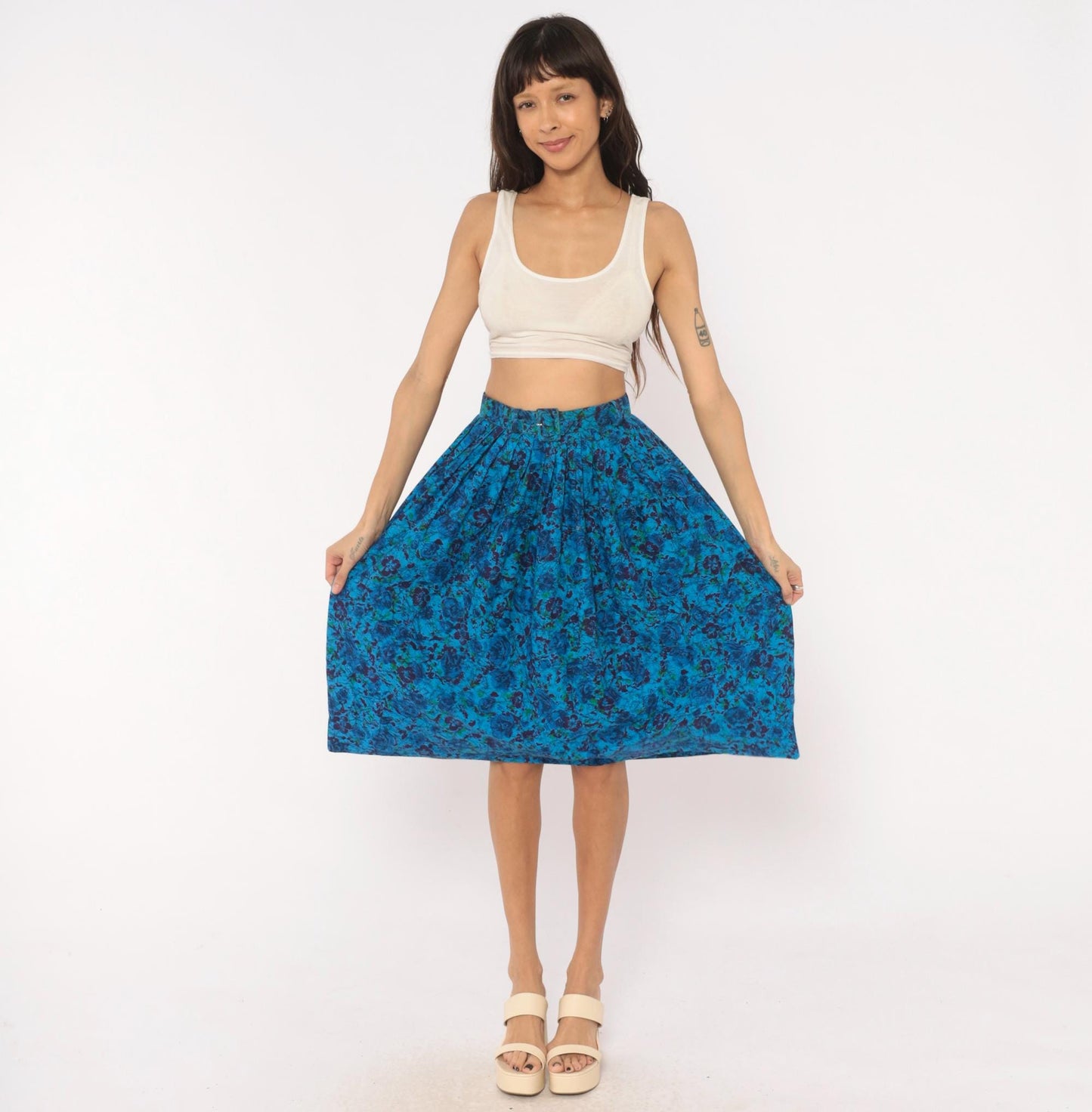 60s Batik Floral Pleated Skirt Cobalt Blue Purple Cotton High Waist Extra Small XS
