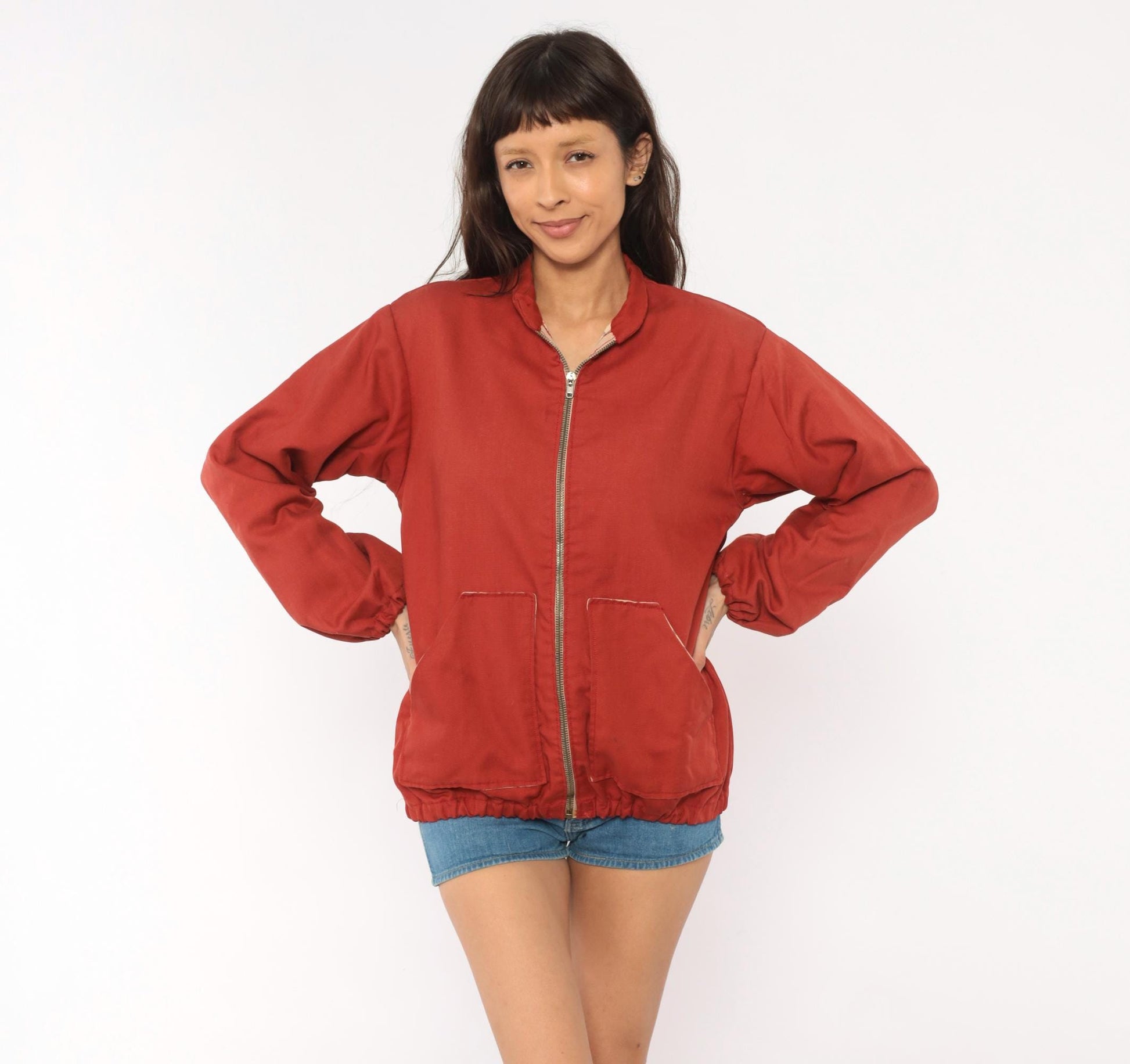 70s Rust Bomber Jacket Cotton Plaid Lined Stand Collar Zip Front Medium