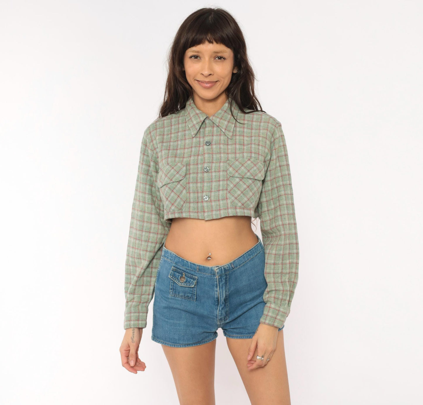 60s Towncraft Cropped Plaid Wool Shirt Sage Green Red Windowpane Medium