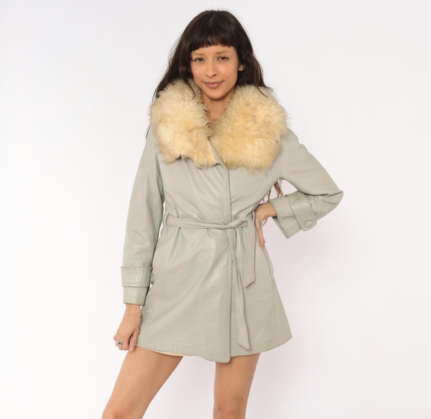 70s Grey Leather Coat Cream Fur Collar Belted Mini Jacket Small S