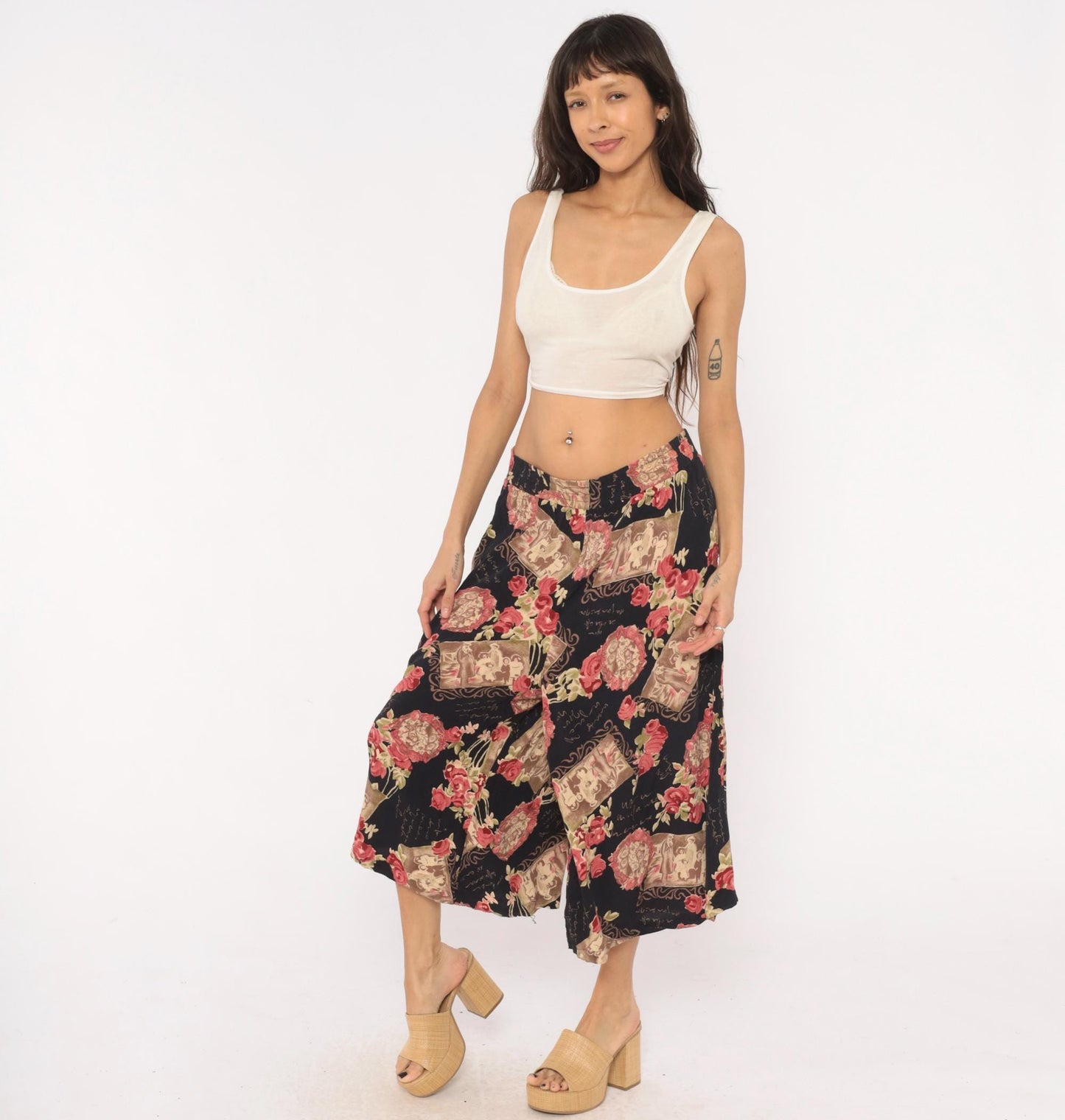 90s Impressions of California Culottes Black Floral Victorian Print Wide Leg Large L