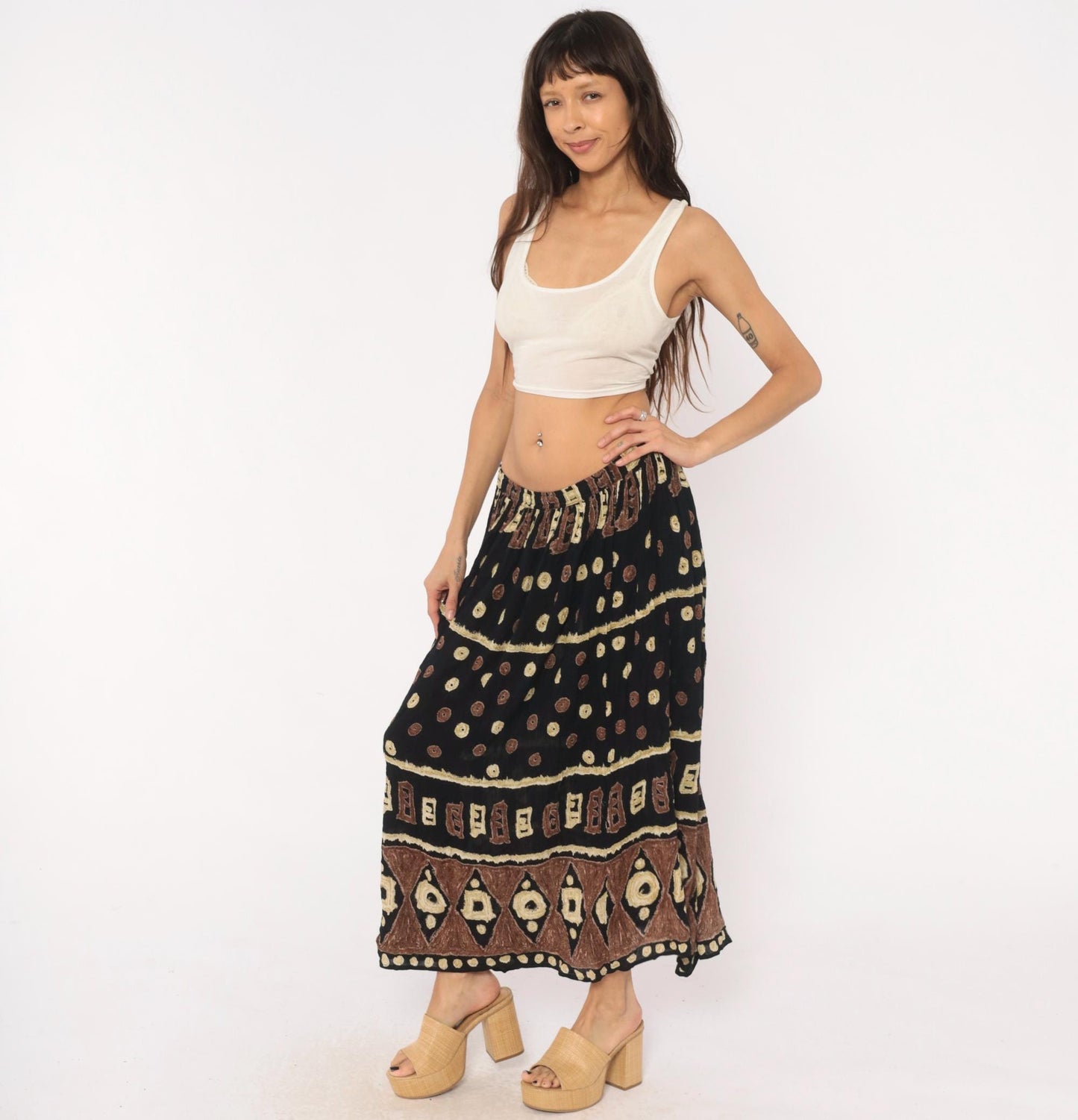90s Bila Maxi Skirt Black Brown Batik Tribal Geometric Print Extra Large