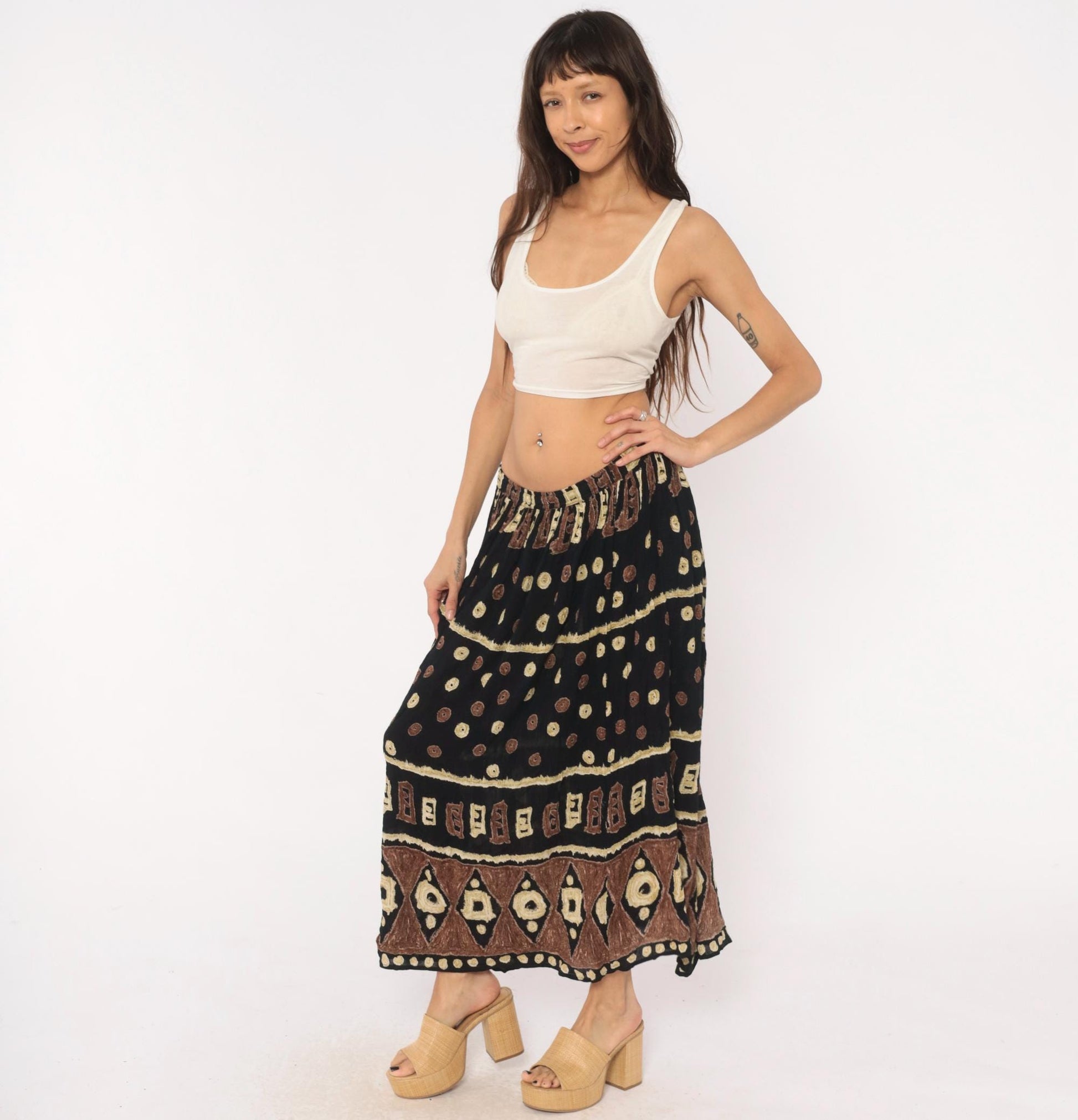 90s Bila Maxi Skirt Black Brown Batik Tribal Geometric Print Extra Large