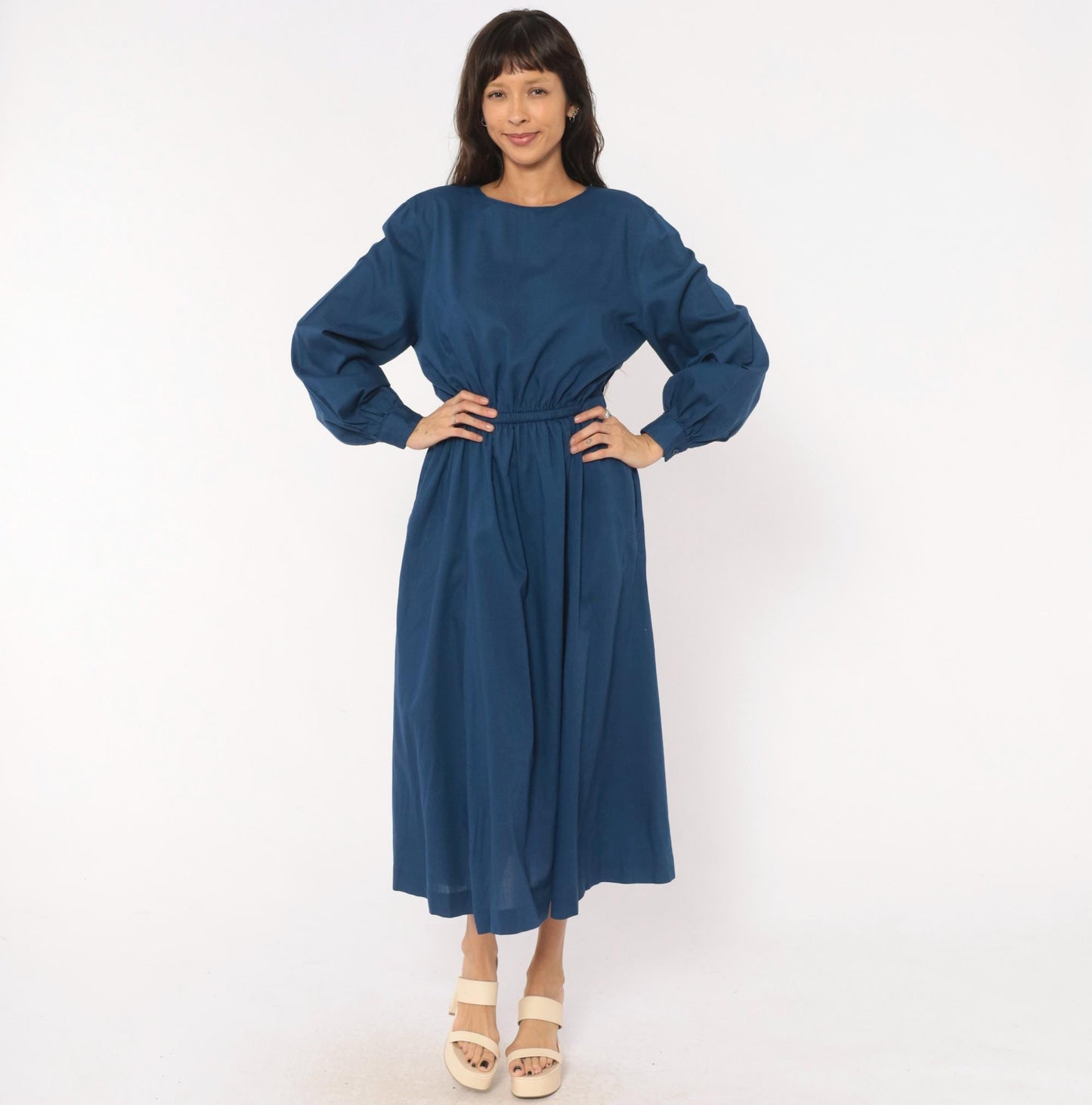 80s Navy Cotton Midi Dress Balloon Sleeve Elastic Waist Small Medium