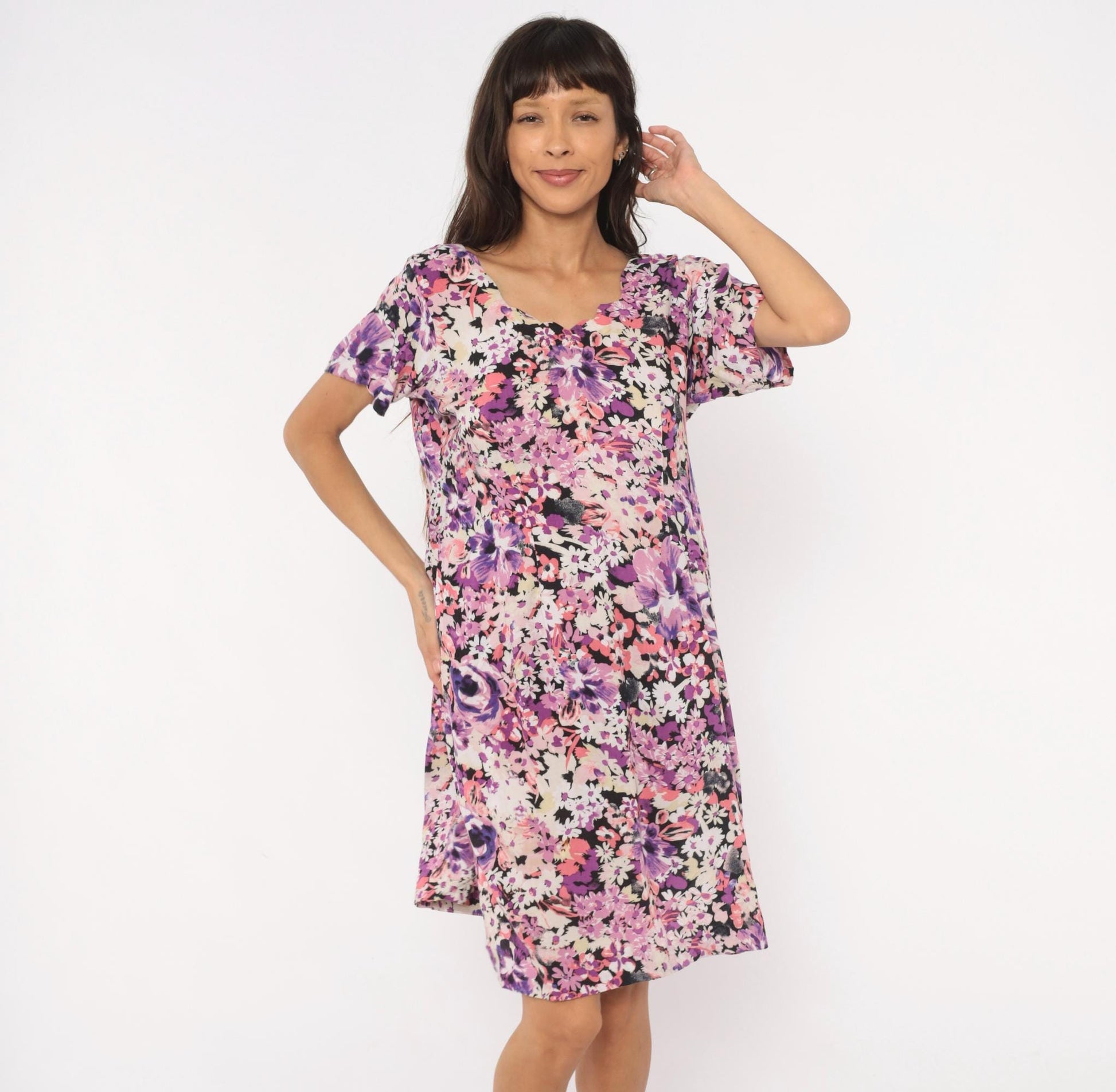 2000s Purple Floral Shift Dress Garden Print Knee-Length Medium M