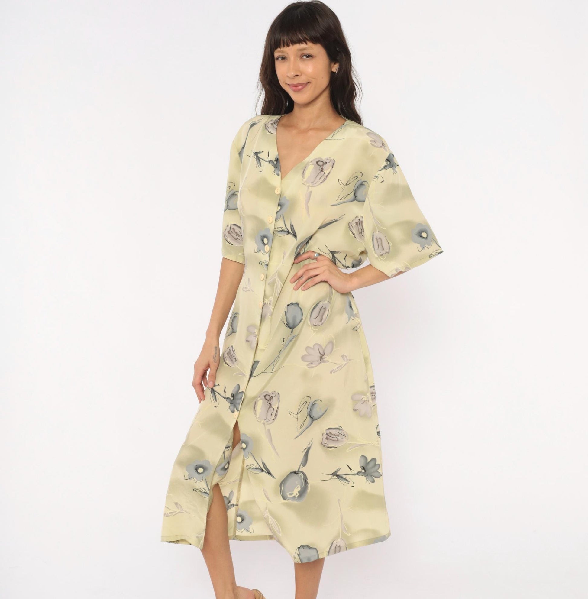 90s Voir Floral Button Front Midi Dress Olive Watercolor Print Plus Size XXL