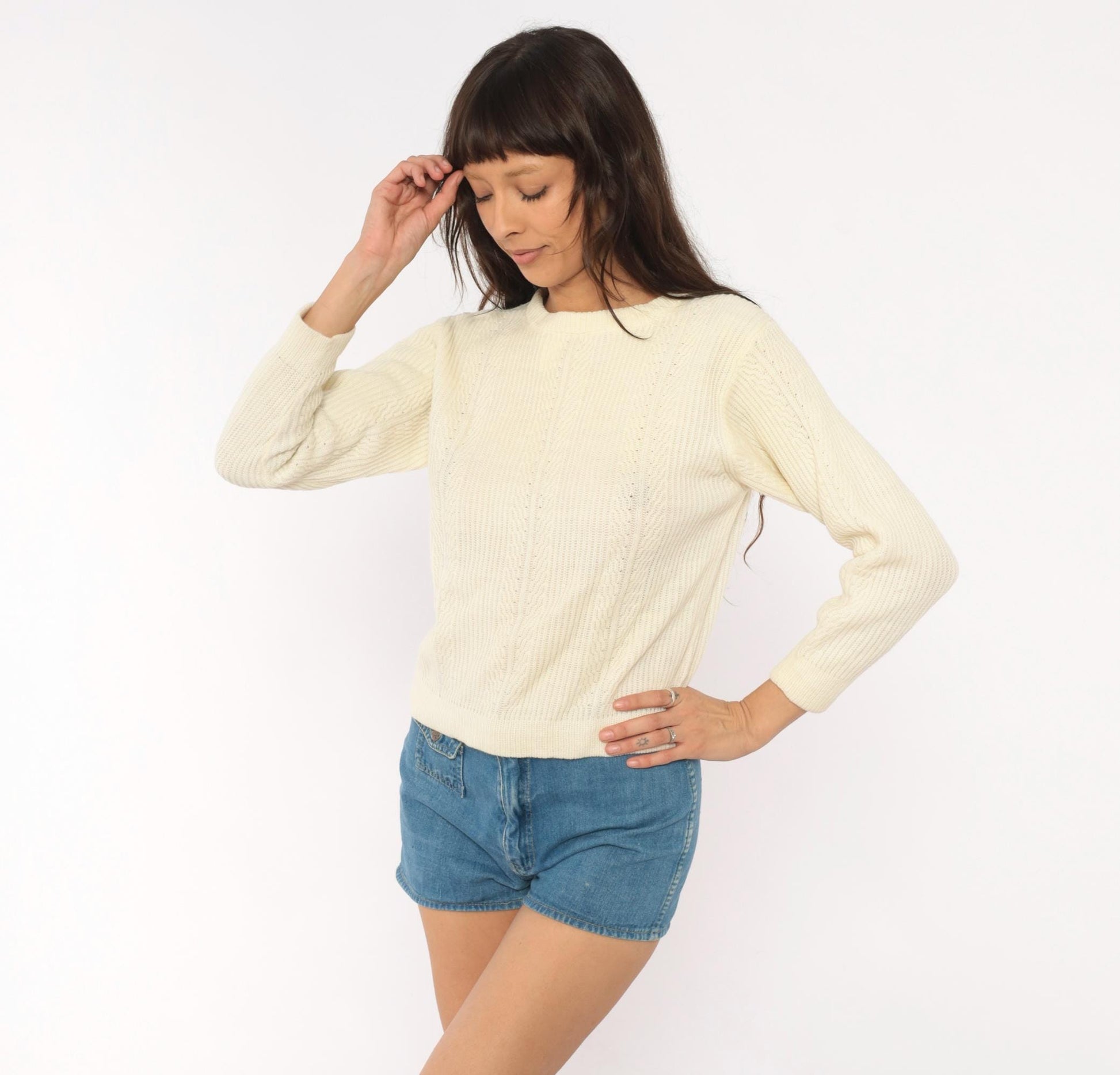 70s Cream Cable Knit Pullover Button Back Three Quarter Sleeve Medium