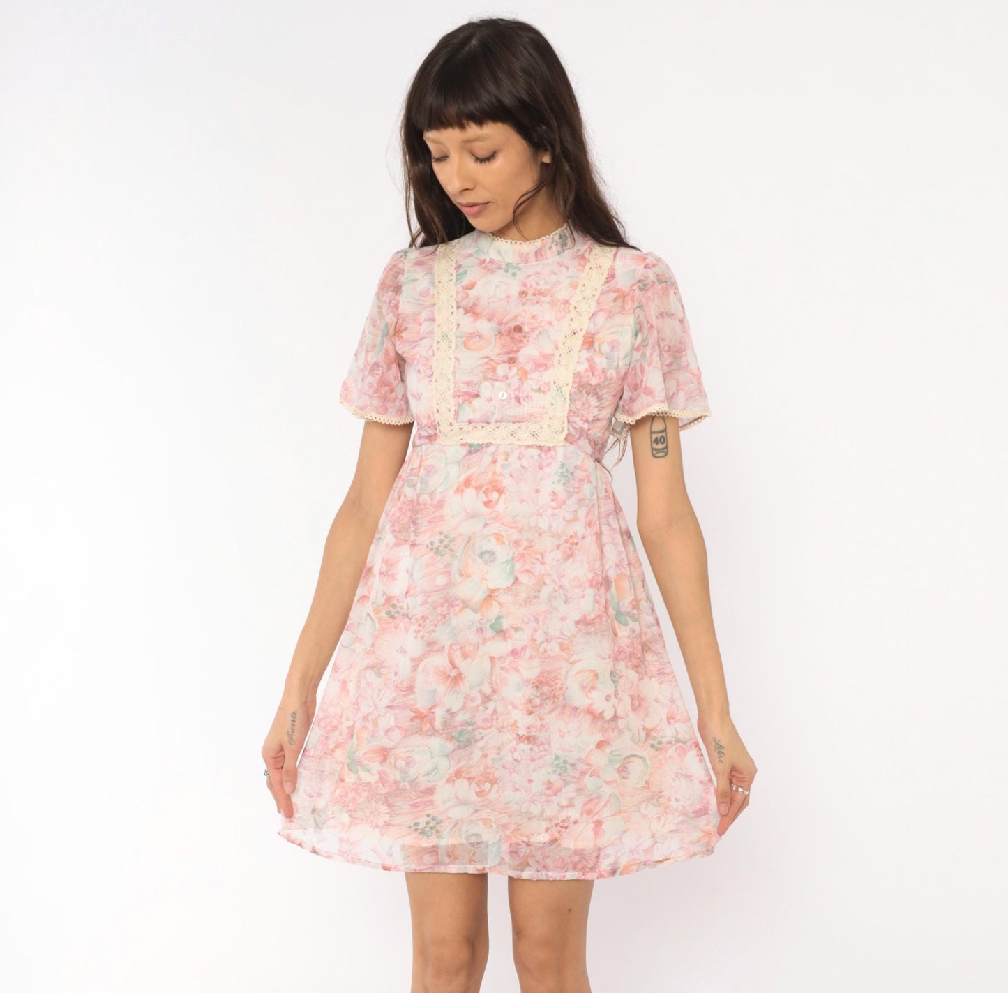 70s R.A.R. Pink Floral Mini Dress Puff Sleeve Crochet Bib Extra Small XS