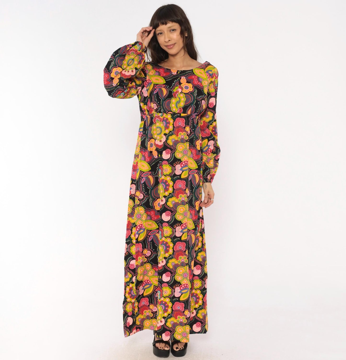 70s Psychedelic Floral Maxi Dress Black Pink Open Back Empire Waist Medium Large