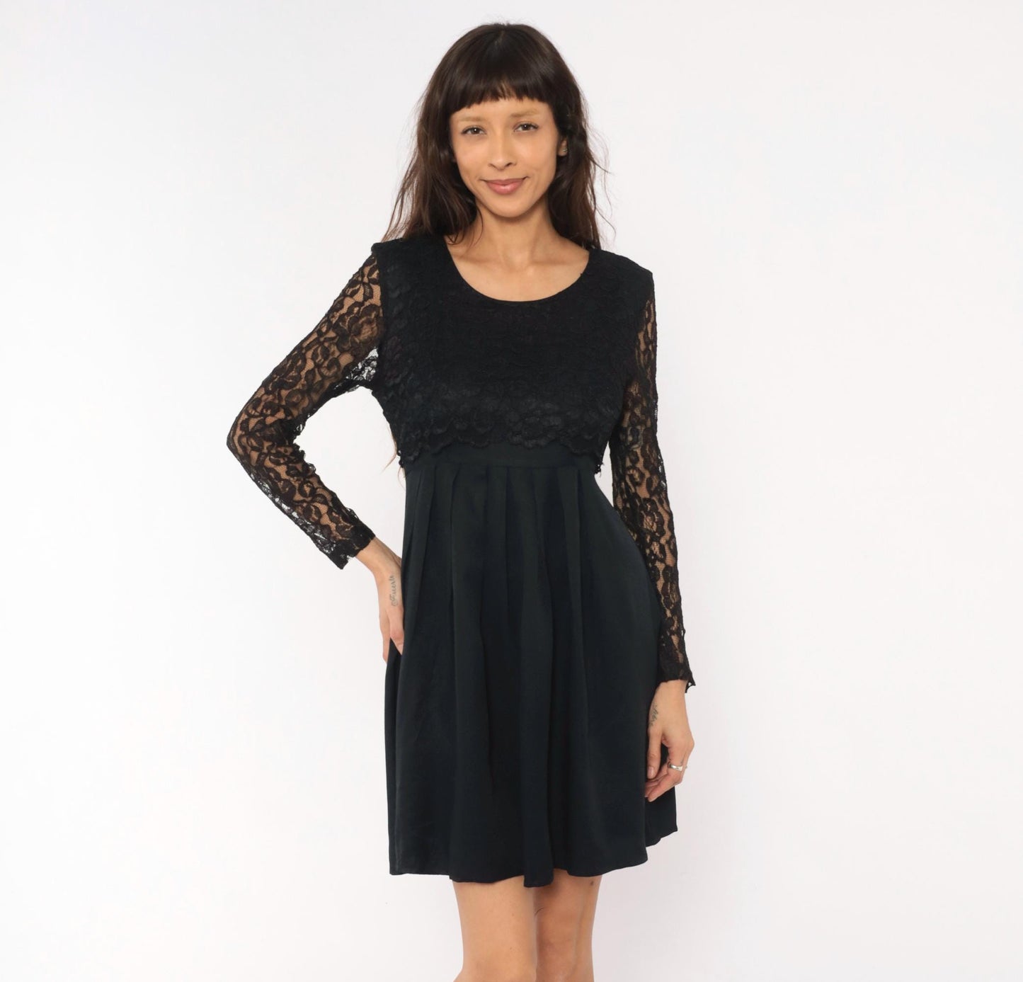 90s Black Lace Dress Floral Sheer Sleeves Pleated Knee-Length Small