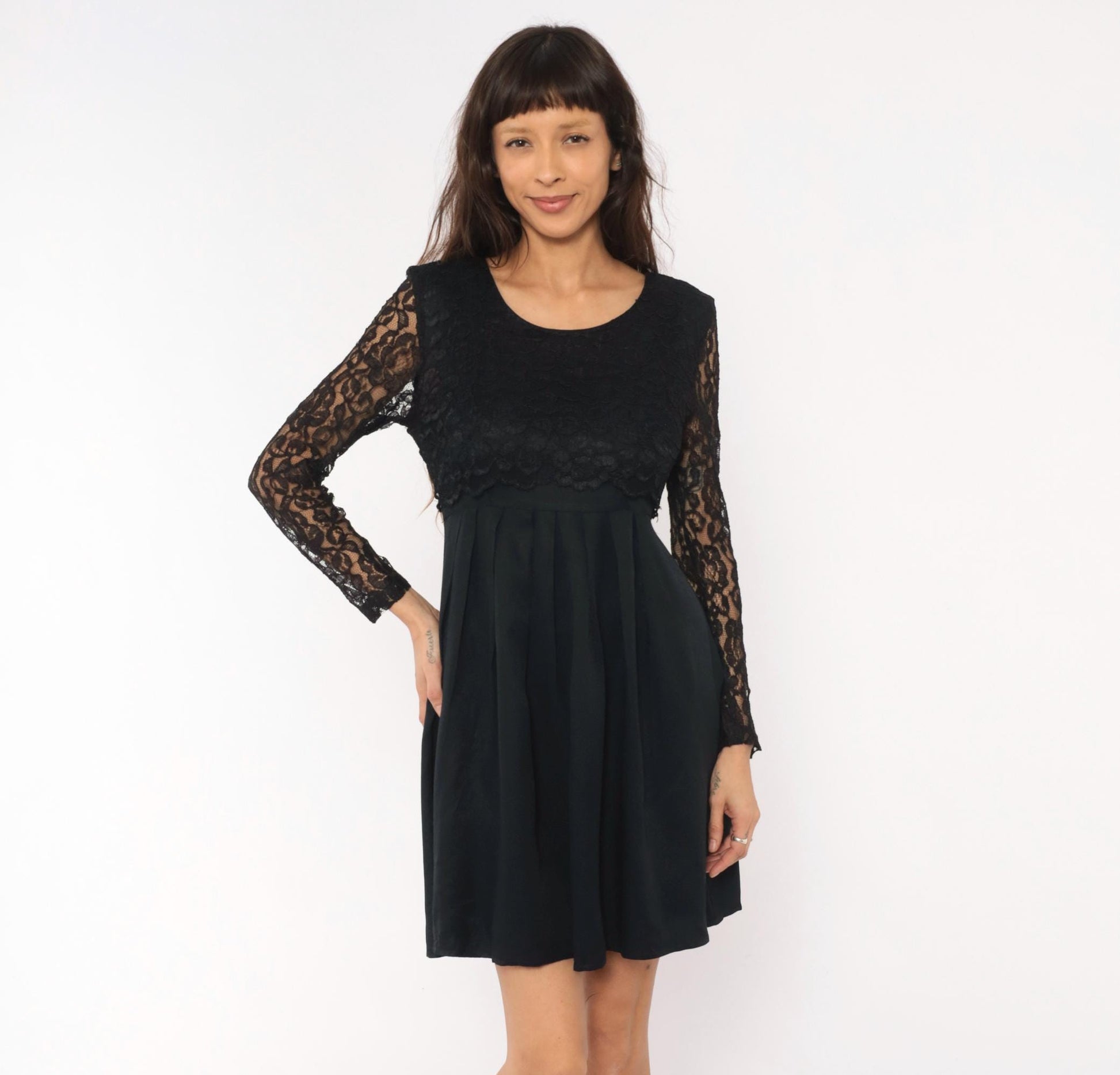 90s Black Lace Dress Floral Sheer Sleeves Pleated Knee-Length Small