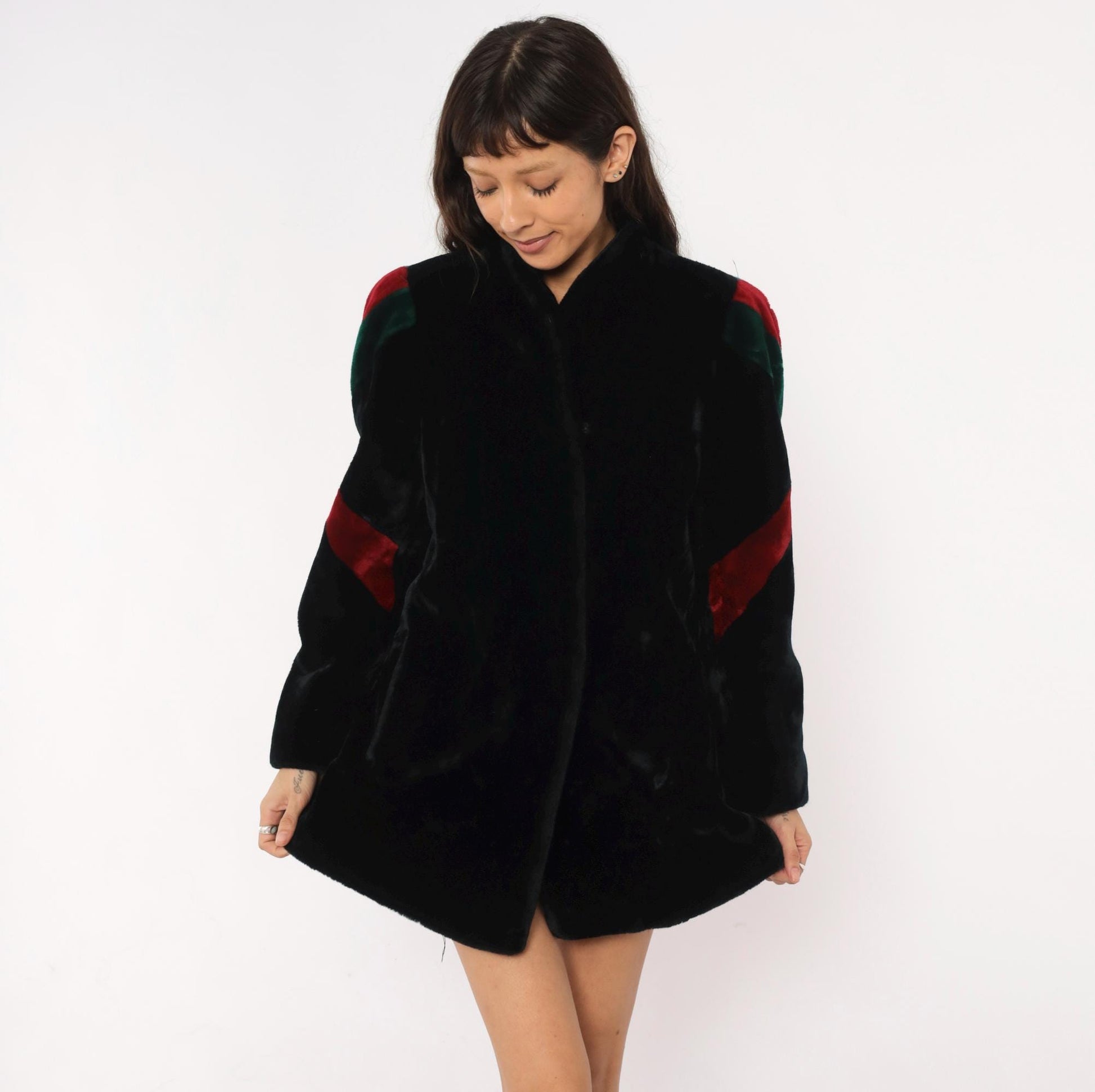 80s Sasson Faux Fur Coat Black Colorblock Stripe Stand Collar Medium M