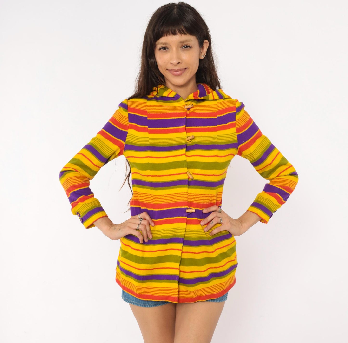 70s Striped Hooded Jacket Multicolor Rainbow Button Front Extra Small