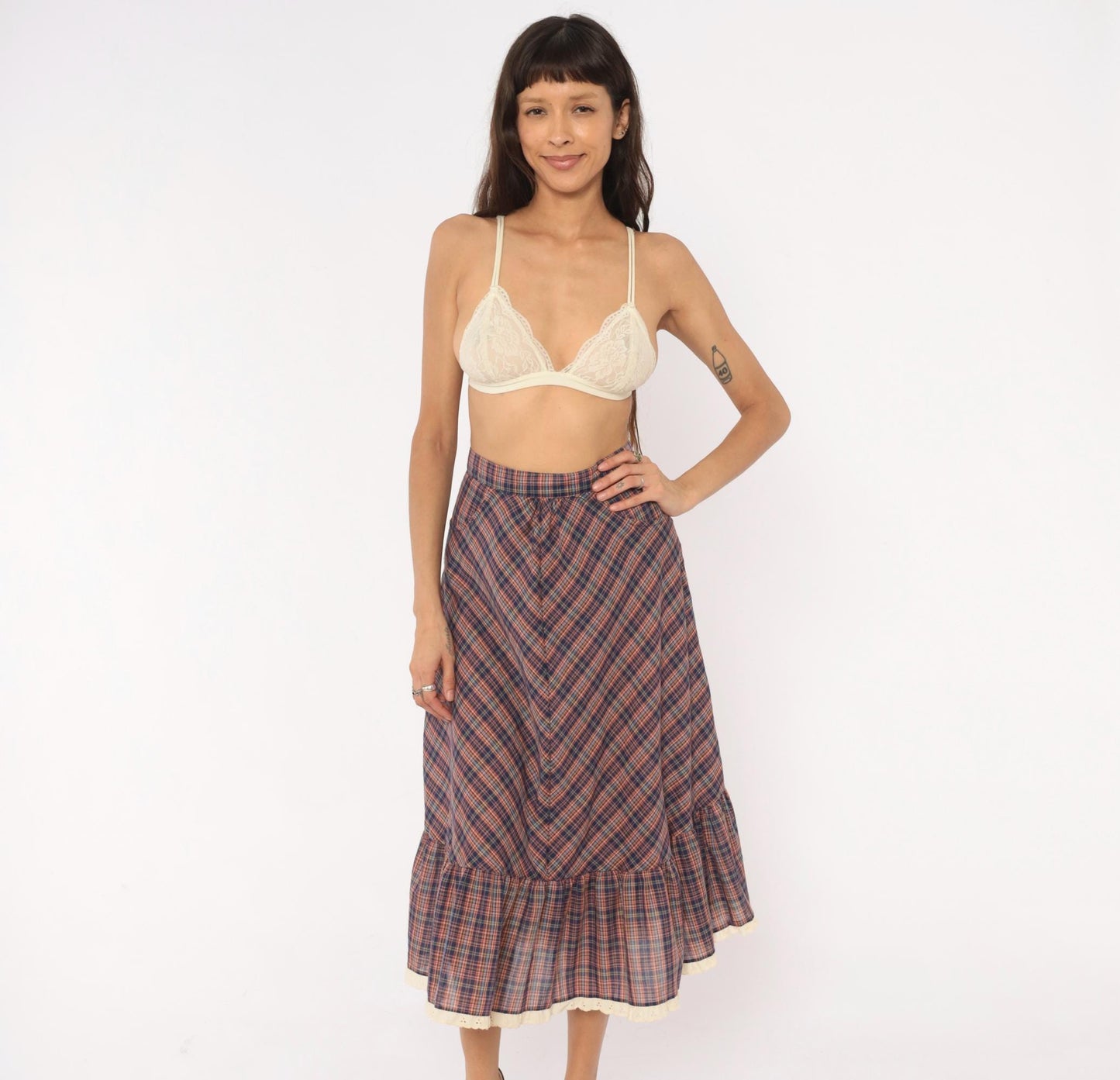 70s Judy Knapp Plaid A-Line Midi Skirt Red Navy Eyelet Lace Ruffle Small