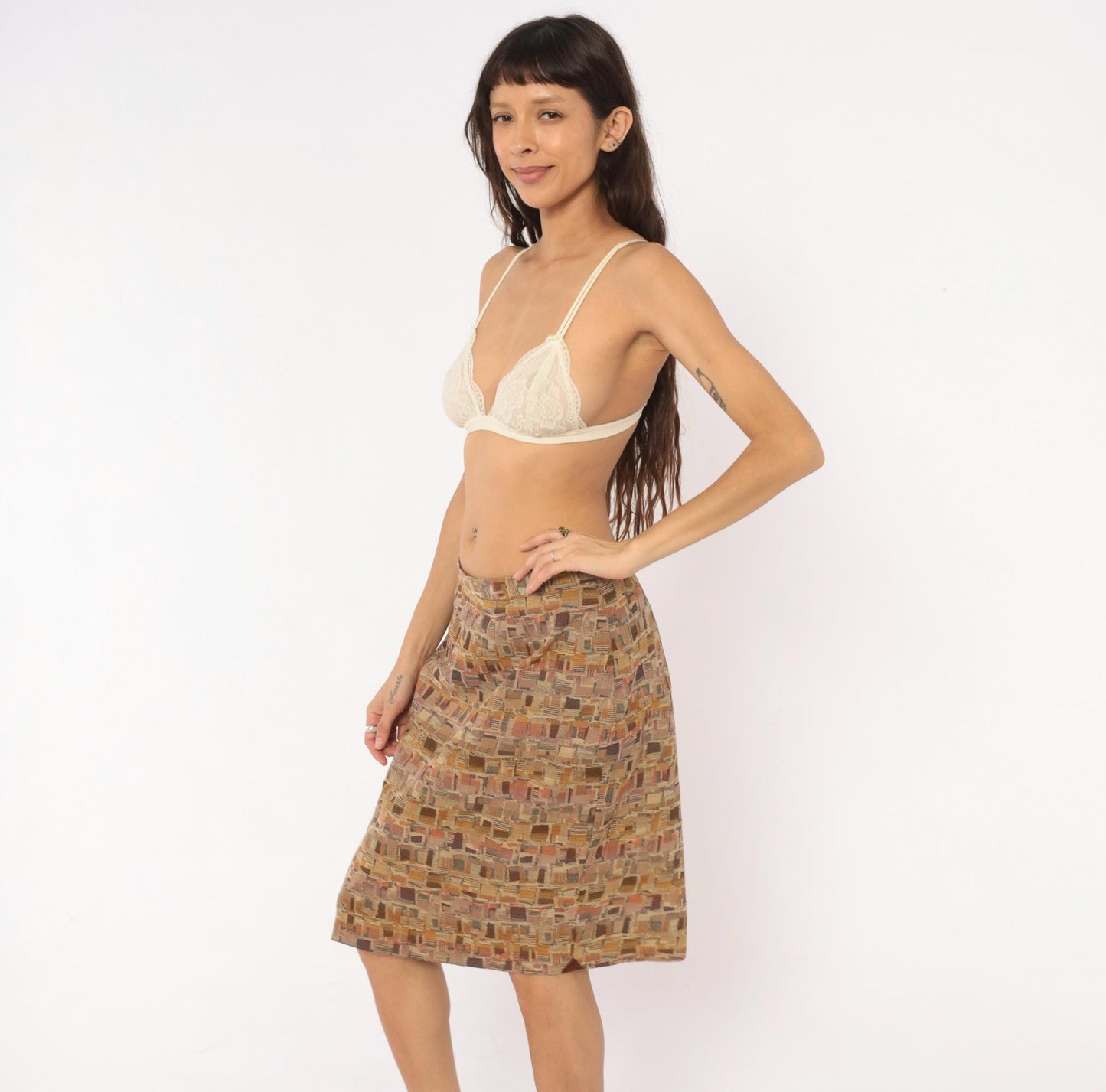 80s Geometric Patchwork Tapestry Pencil Skirt Tan Brown Rose Medium
