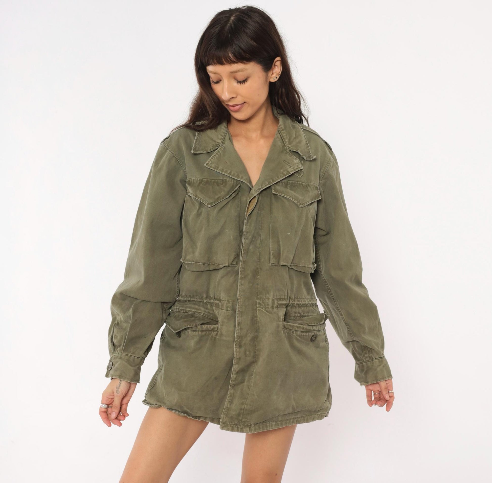 1950s Military Field Jacket Olive Drab Cotton Army Green Medium