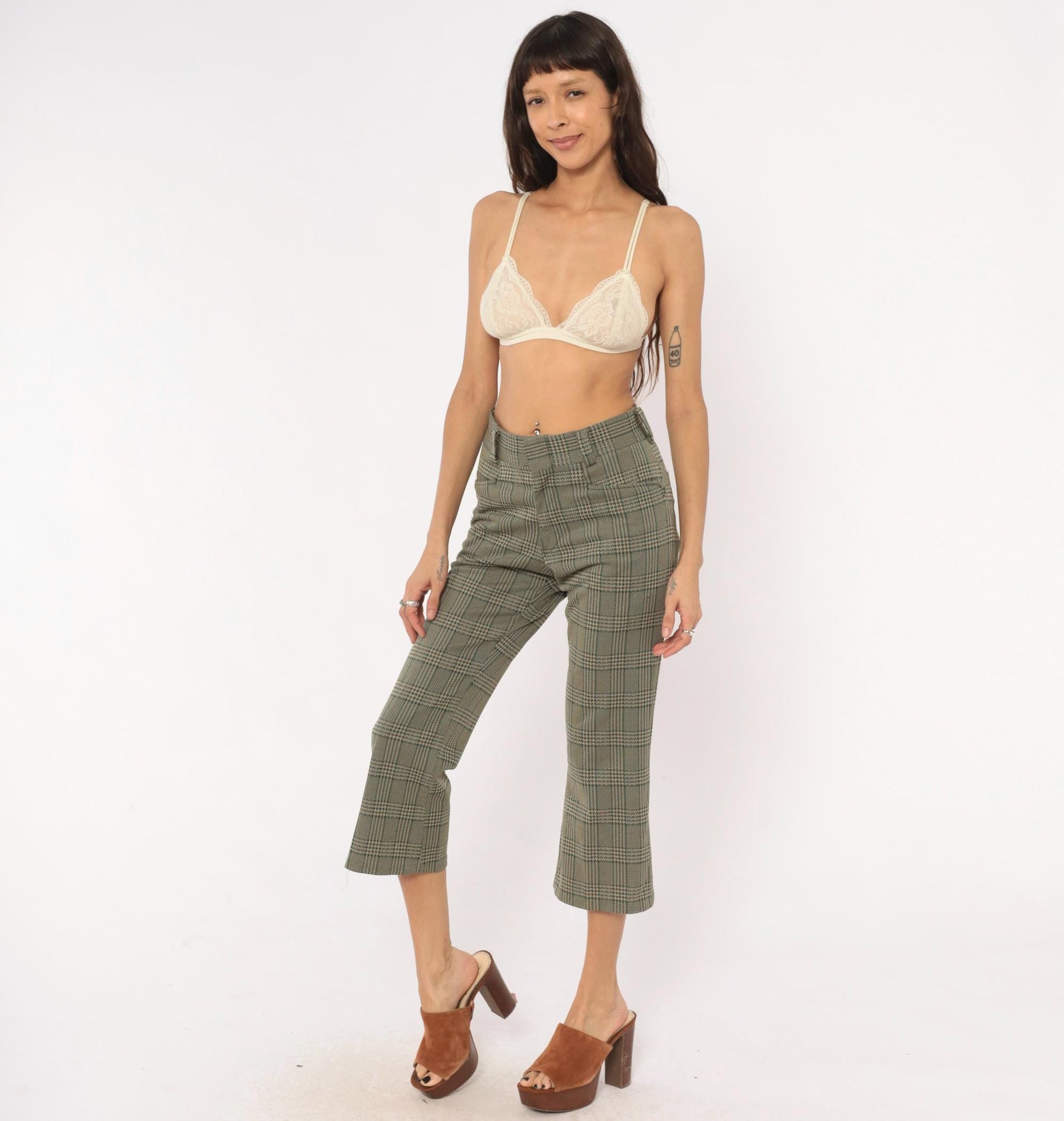 70s Chess Man Glen Plaid Cropped Flare Trousers Olive Tan Extra Small XS