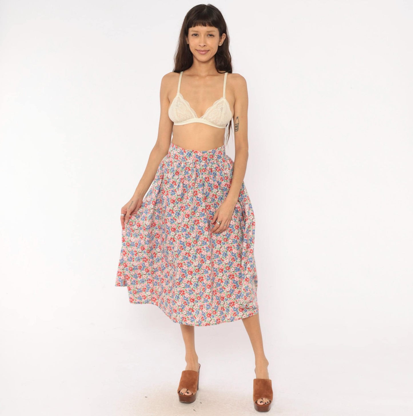 80s Floral Midi Skirt Pink Blue Calico Print High-Rise Pleated Small