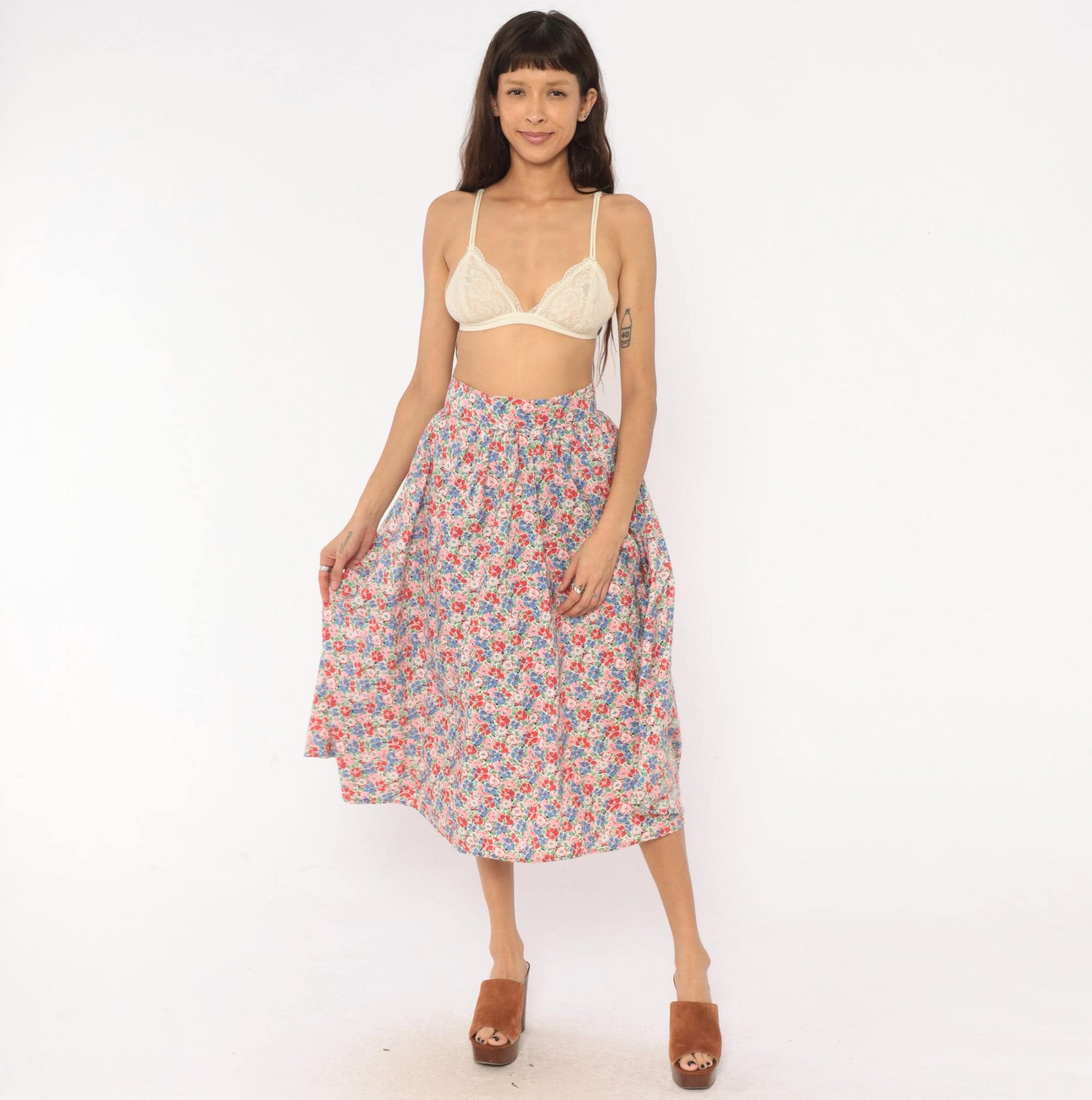 80s Floral Midi Skirt Pink Blue Calico Print High-Rise Pleated Small