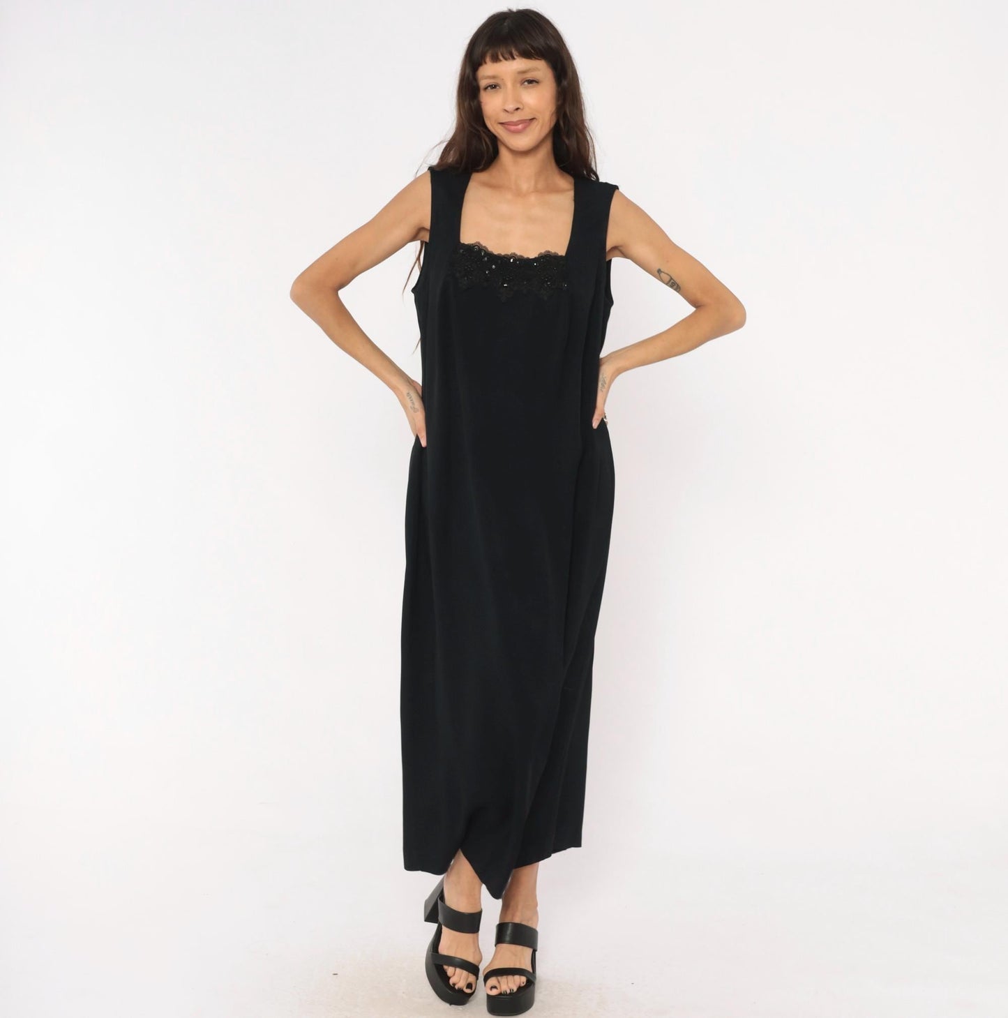 90s R&M Richards Black Sequin Lace Maxi Dress Plus Size 1X