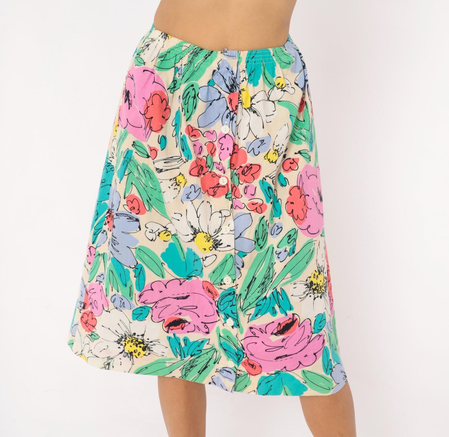 90s Floral Button Front Midi Skirt Cream Watercolor Cotton Small