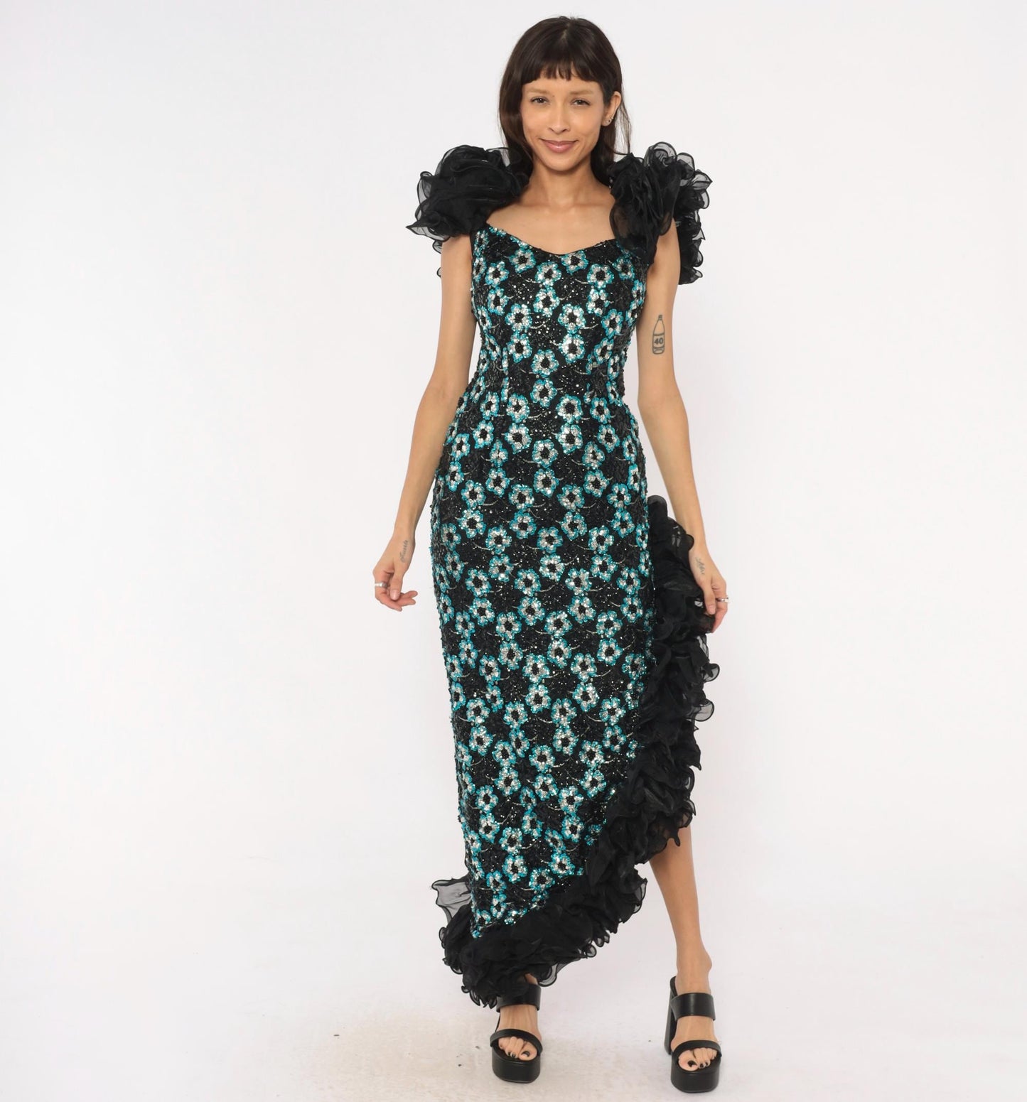 80s Alyce Designs Black Sequin Maxi Gown Teal Silver Floral Small