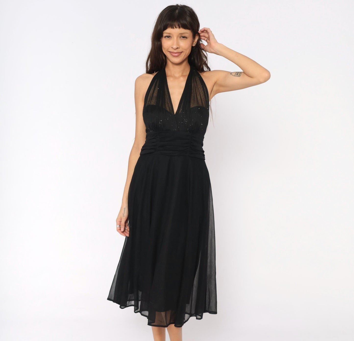 90s Black Halter Midi Dress Deep V Glitter Mesh Open Back Medium