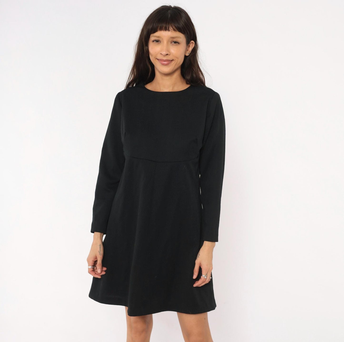 70s Black A-Line Dress Empire Waist Long Sleeve Round Neck Zip Back Large L