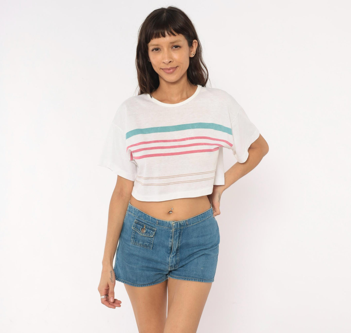 90s Striped Crop Top White Teal Pink Cotton Boxy Tee Small S