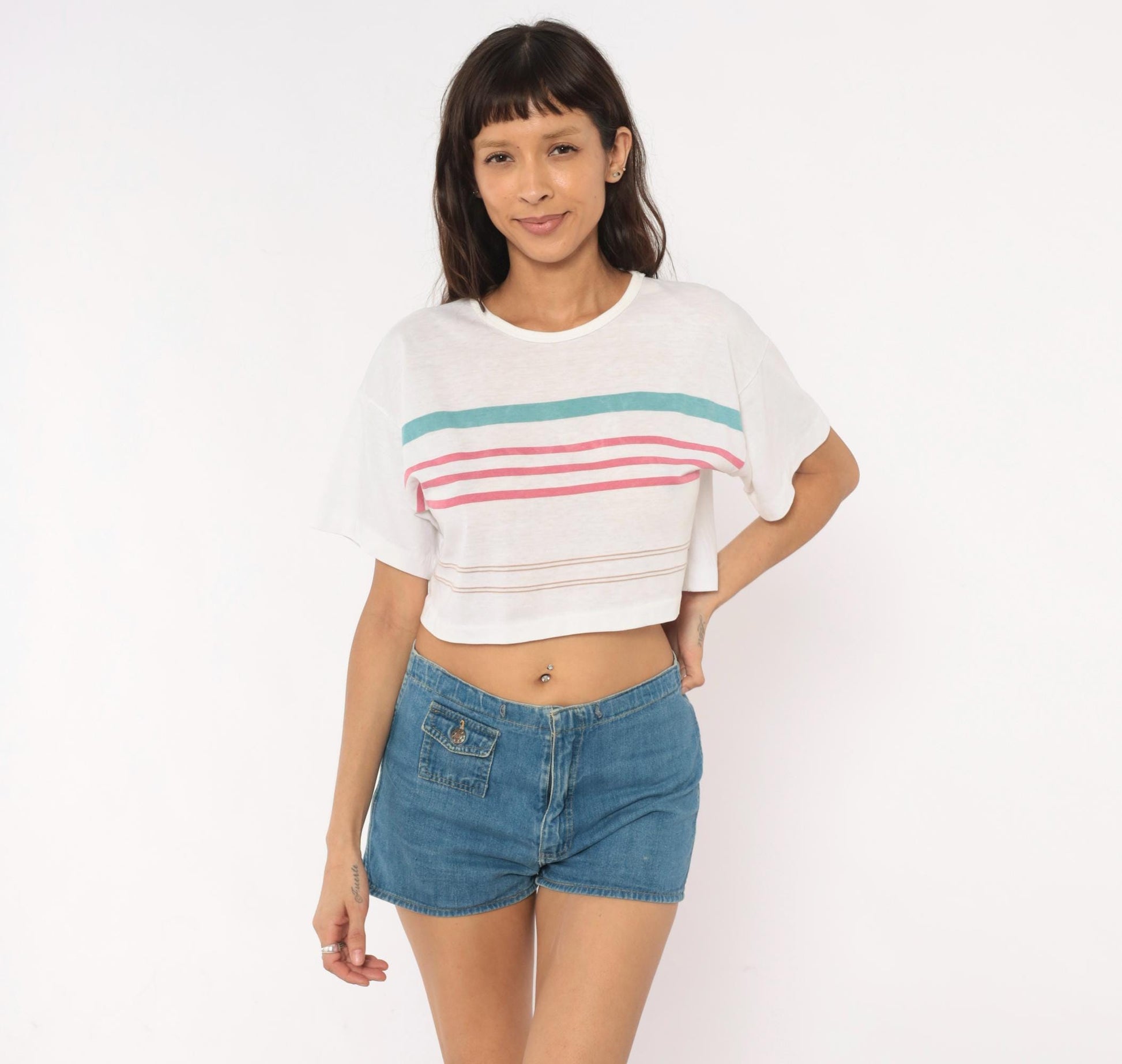 90s Striped Crop Top White Teal Pink Cotton Boxy Tee Small S